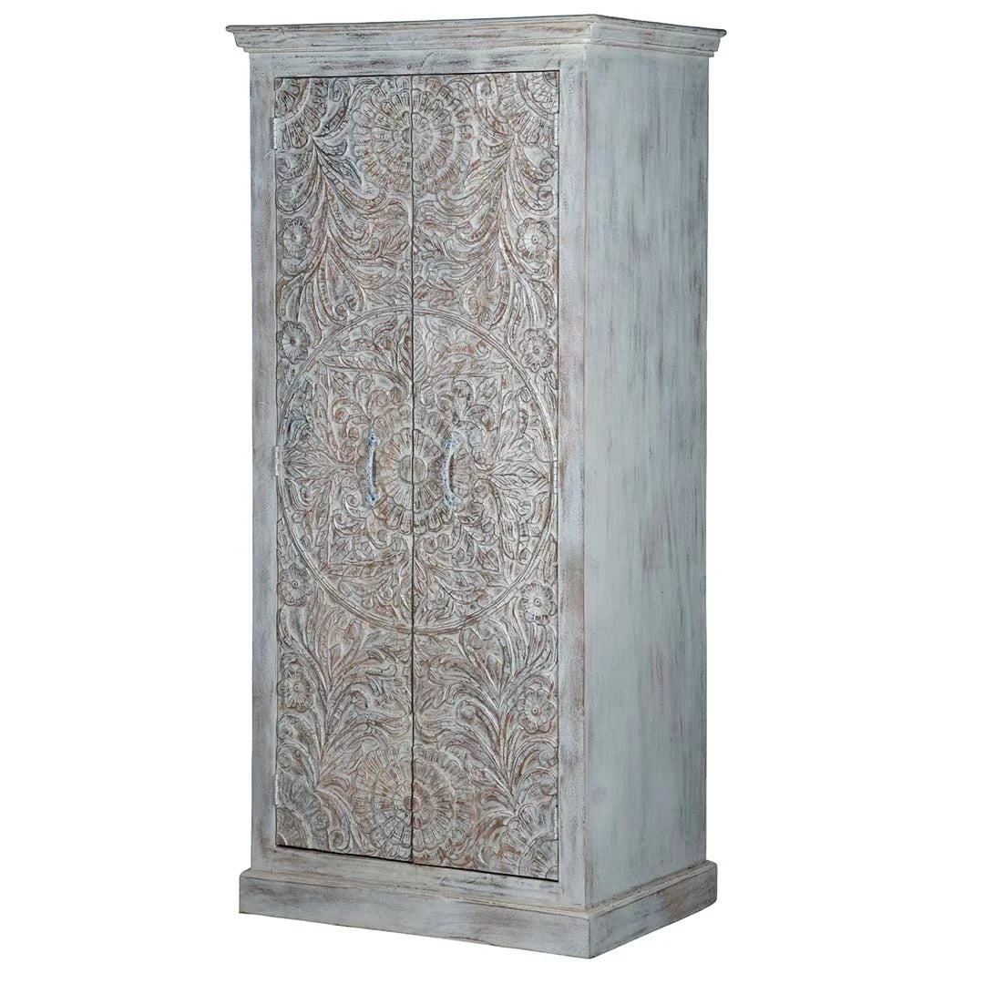 Chic Carved Shabby Wardrobe Maadze White
