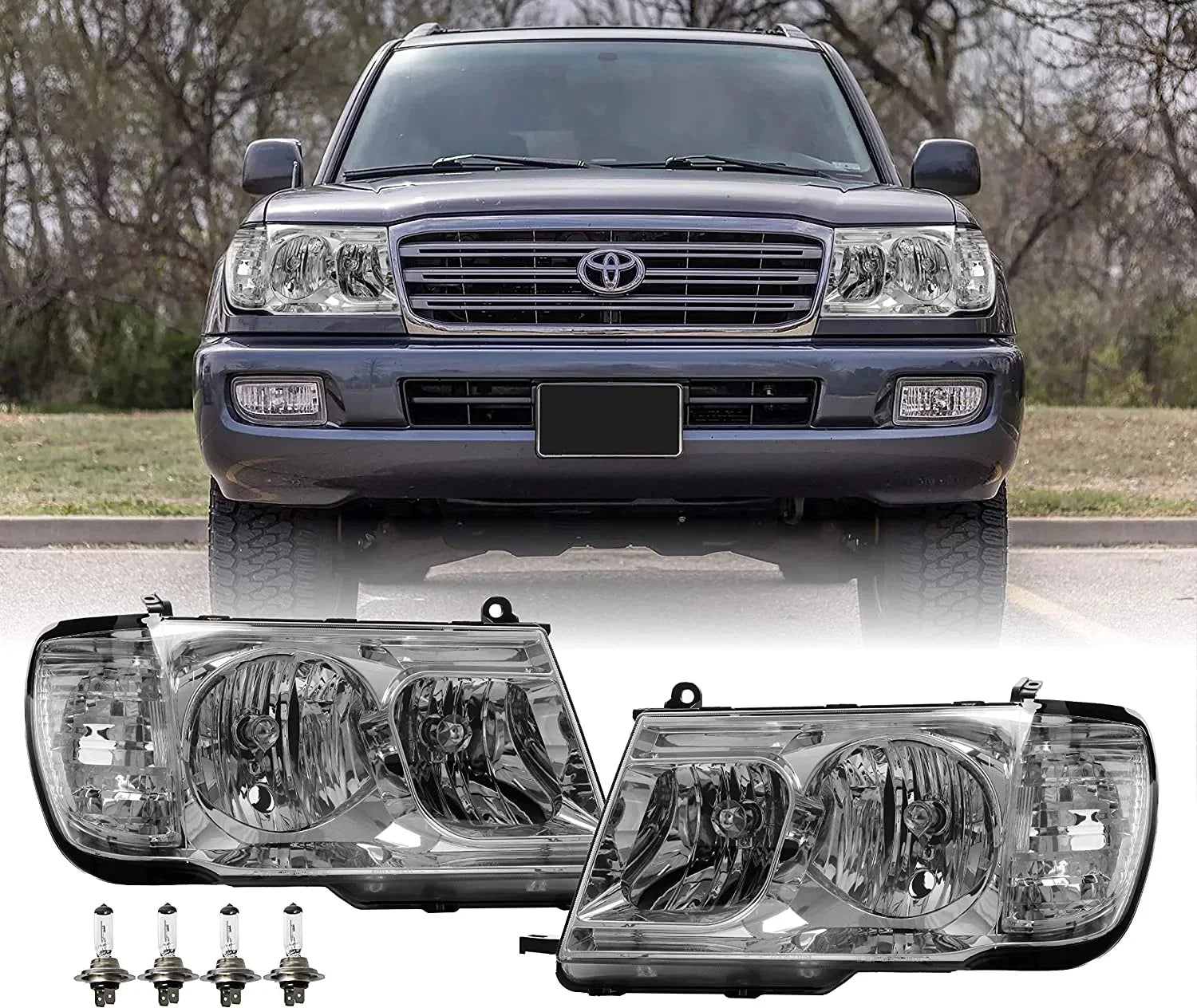 Right) - USR (Euro Toyota (Left Headlamps + FJ 100 with Land Design) ONE Piece FJ100 1998-2005 Set Compatible Headlights Cruiser DEPO Corner Style Clear with