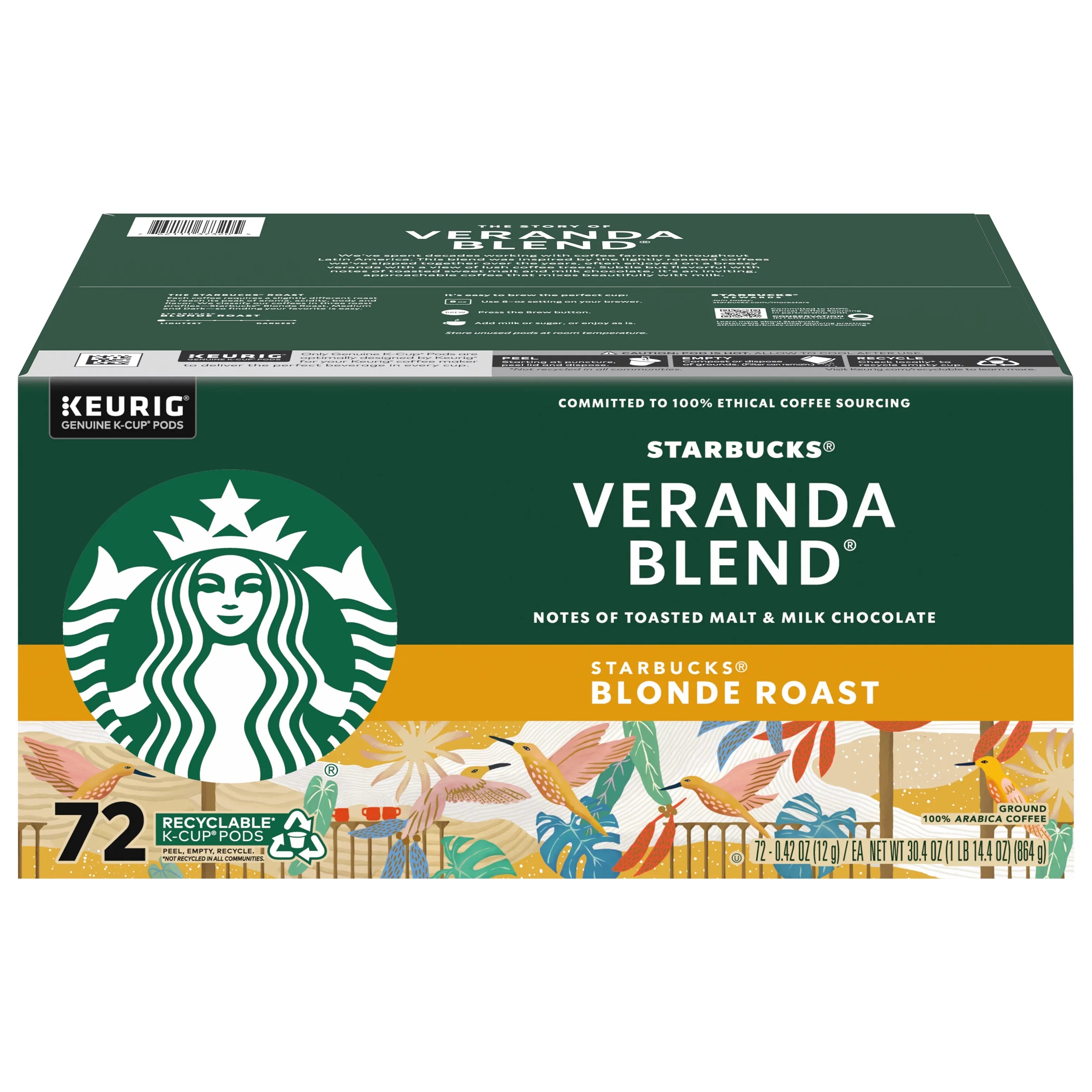72 Starbucks K-Cup for Brewers, Pods Blend pods Roast Veranda Keurig Light