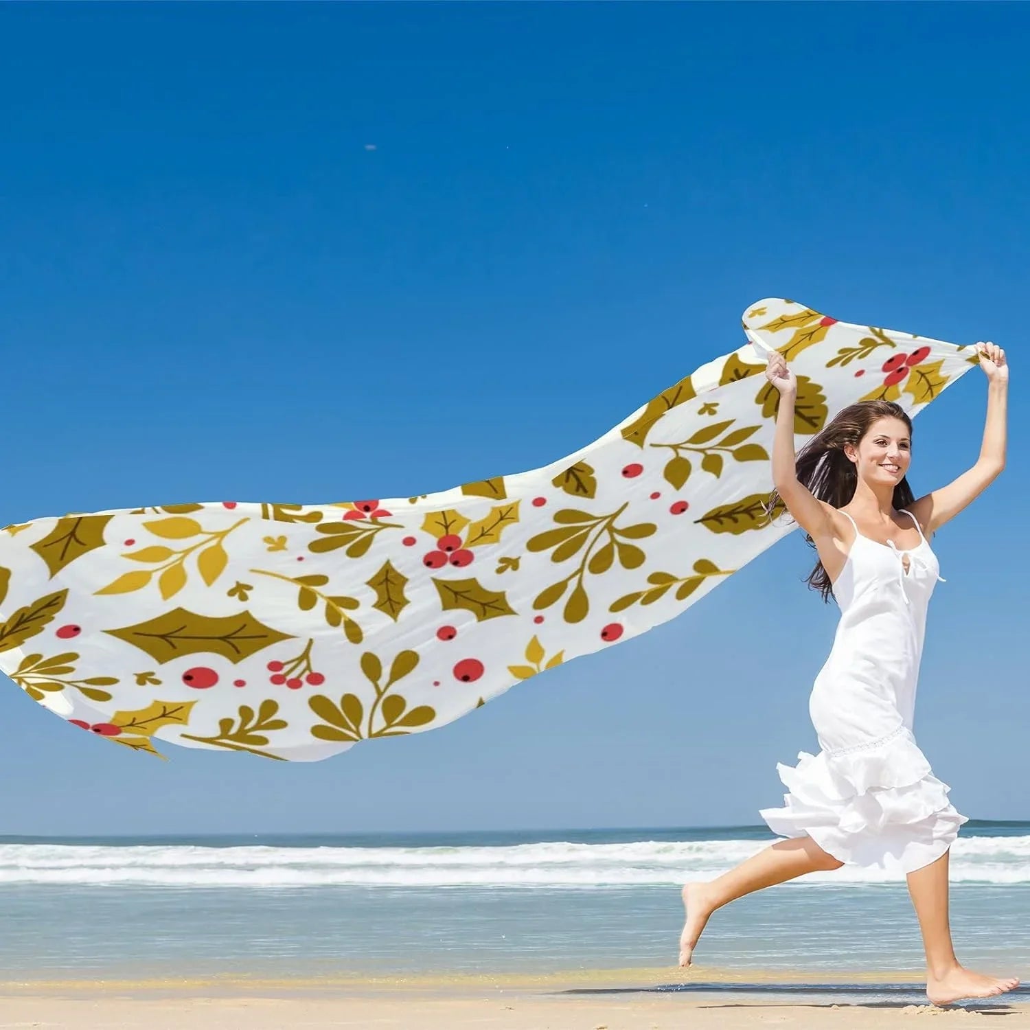 Neck for Wrap Flower Lightweight Long Hyjoy Scarf Women Girls Christmas Silk Shawl Scarves Leaf