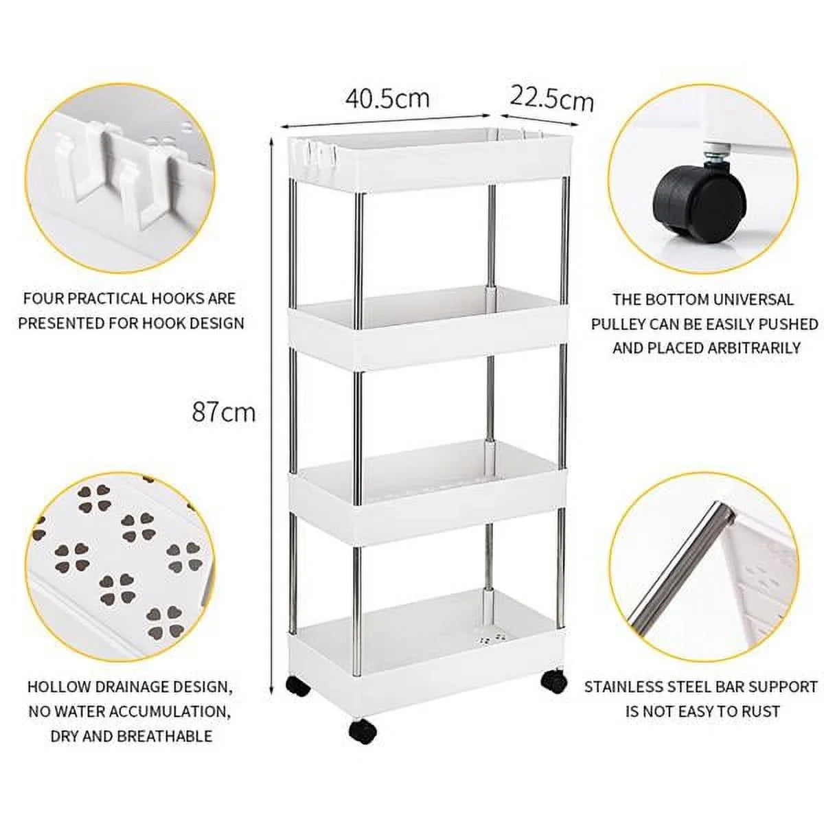 Storage 4-Tier Cart White Rolling Bathroom, Utility and Cart Wheels, Room, Plastic SYTHERS with hooks, Steel, 4 with Stainless for Laundry Kitchen,