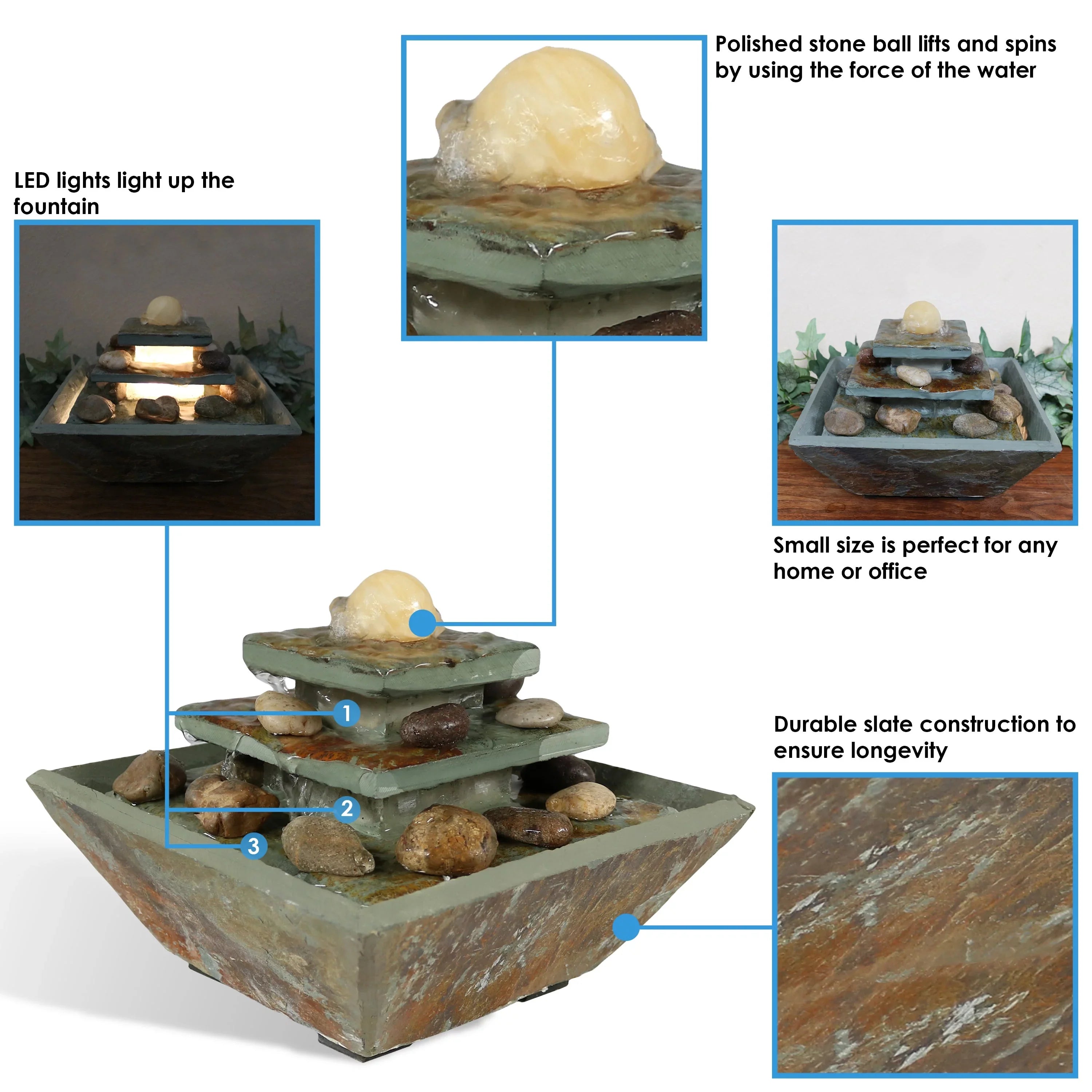 Light LED Ascending Tabletop Slate - Sunnydaze Fountain 8" with