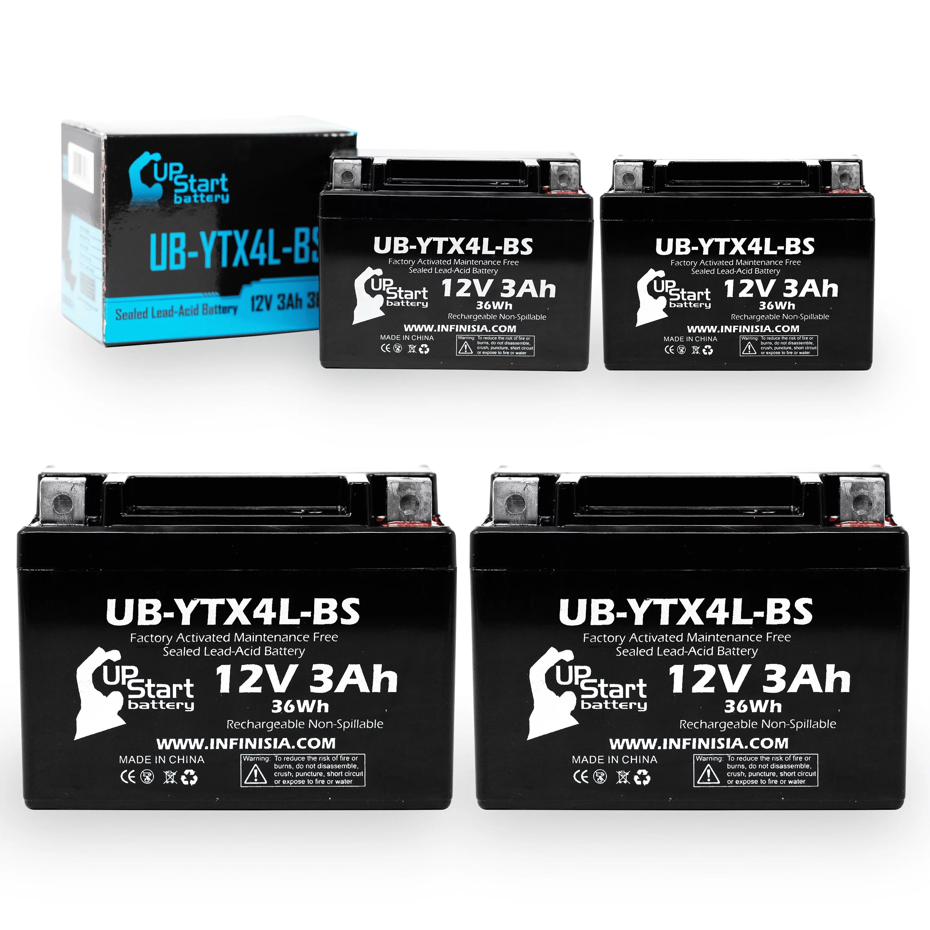 Bombardier Battery UB-YTX4L-BS 4-Pack - Maintenance Replacement Factory UpStart Free, for DS90, ATV DS90F, Quest 12V, (Can-Am) 2004 Activated, 90CC Battery 3Ah,