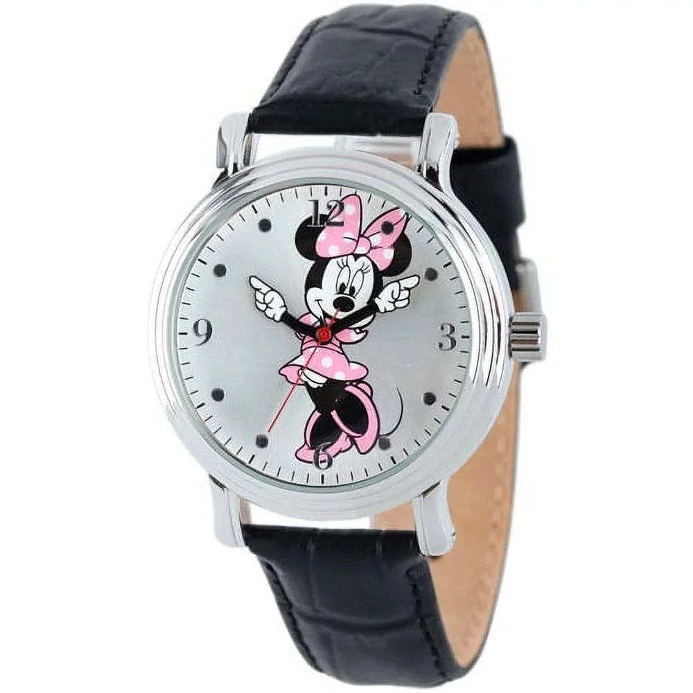 Leather Silver Women's Alloy Articulating Watch, Strap Black Shinny Mouse Vintage Case Minnie