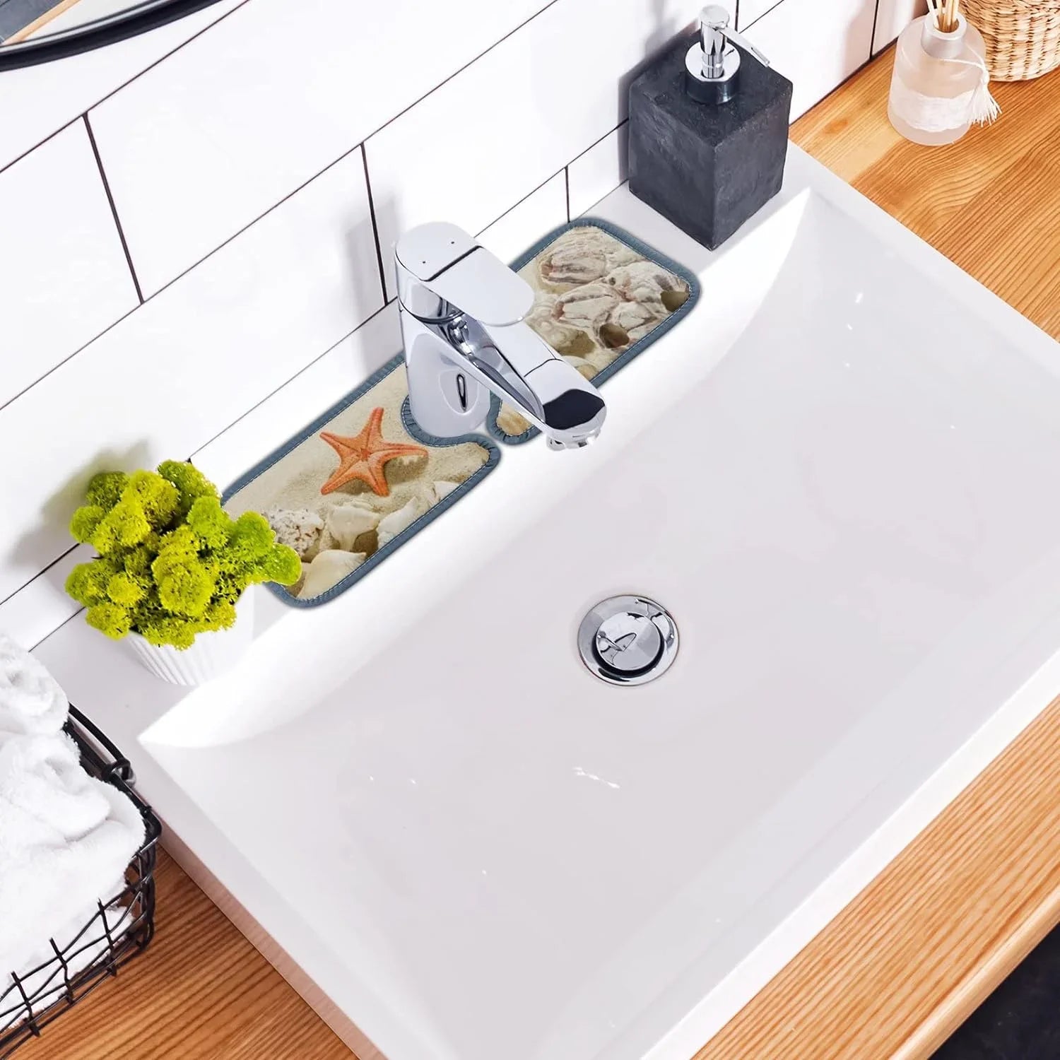Summer Bath Sink Mat, Kitchen Drip Bestwell Washable Catcher, Sinkmat Mats Absorbent Drying Beach Microfiber Sea Starfishes Splash Guard Countertop 3PCS Faucet
