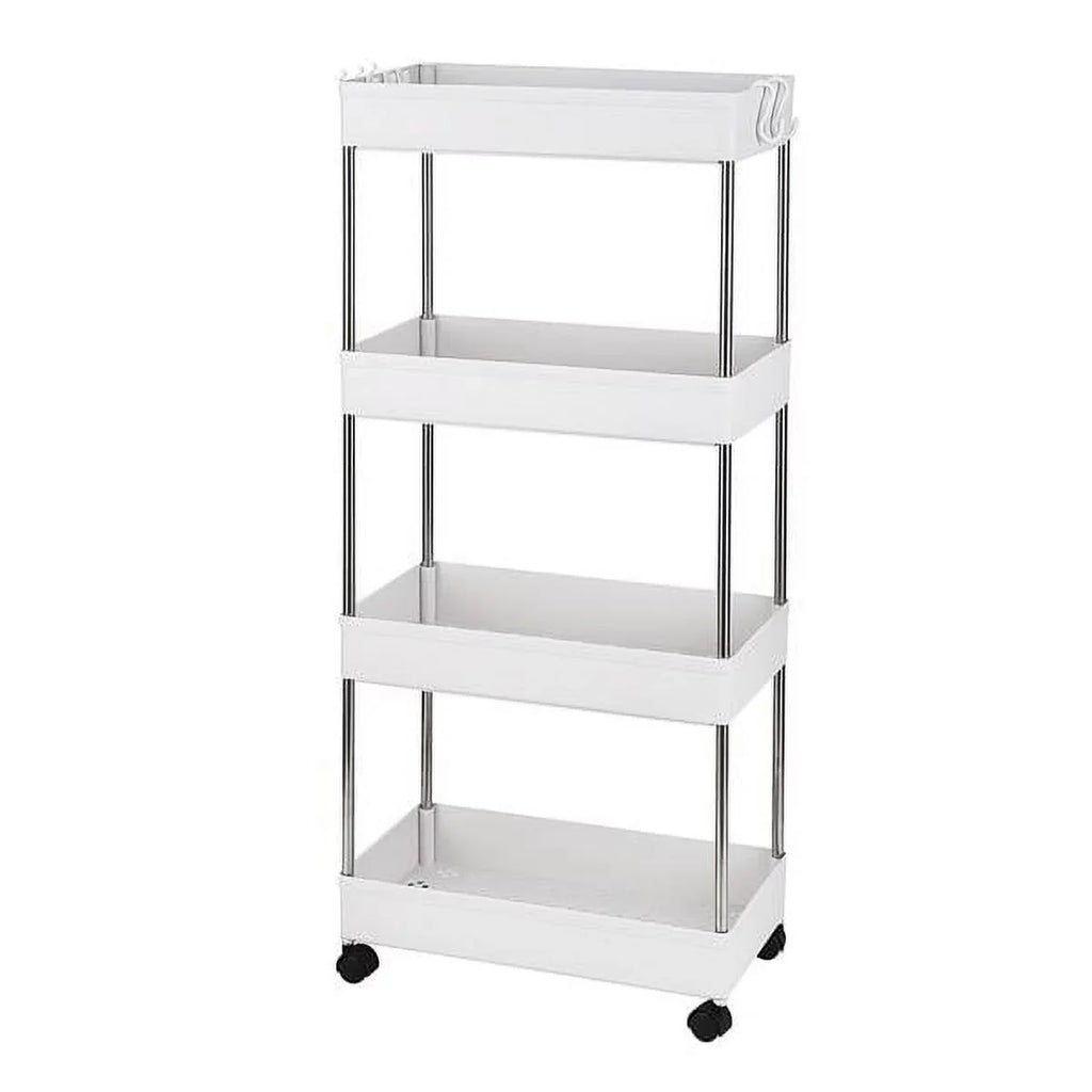 Storage 4-Tier Cart White Rolling Bathroom, Utility and Cart Wheels, Room, Plastic SYTHERS with hooks, Steel, 4 with Stainless for Laundry Kitchen,