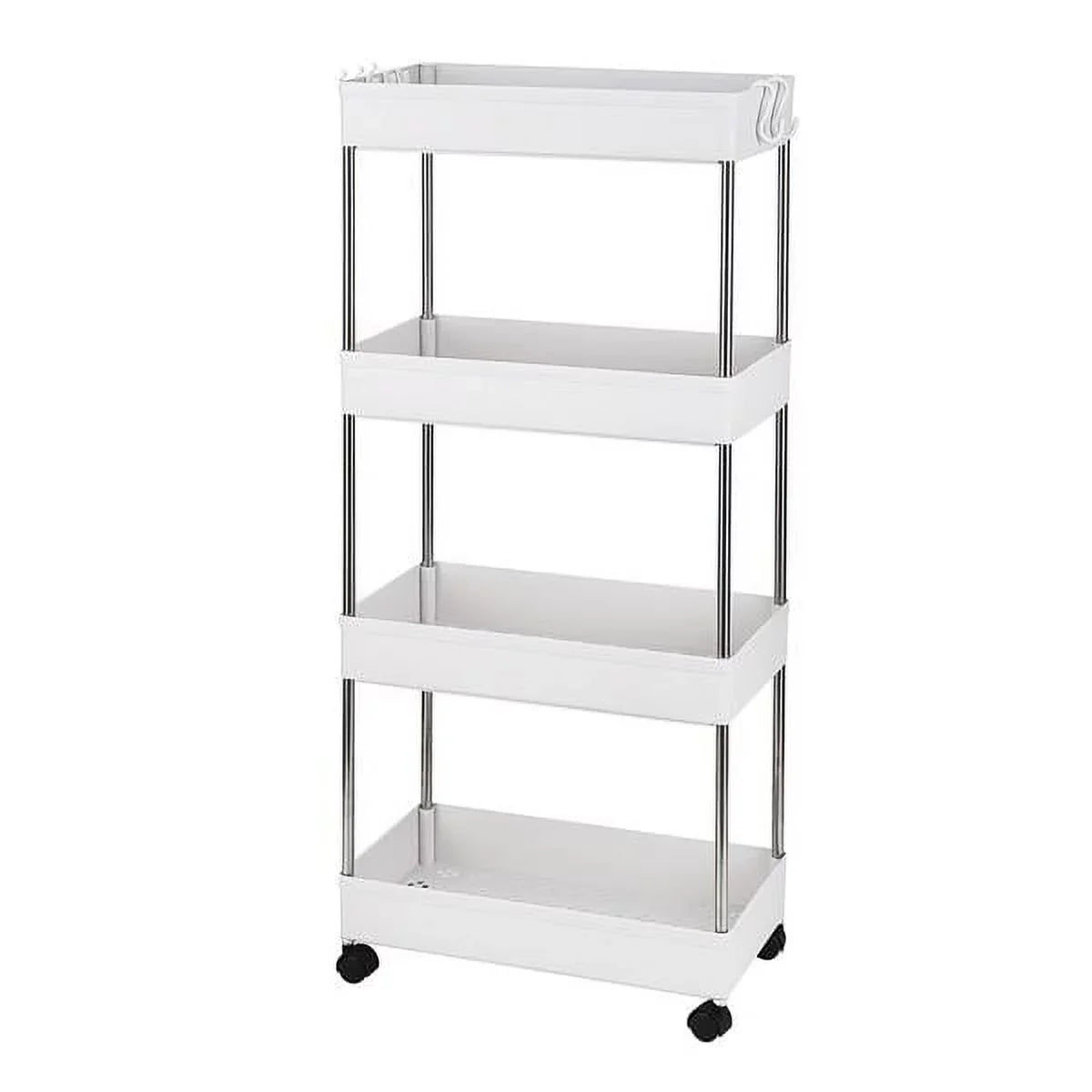 Storage 4-Tier Cart White Rolling Bathroom, Utility and Cart Wheels, Room, Plastic SYTHERS with hooks, Steel, 4 with Stainless for Laundry Kitchen,
