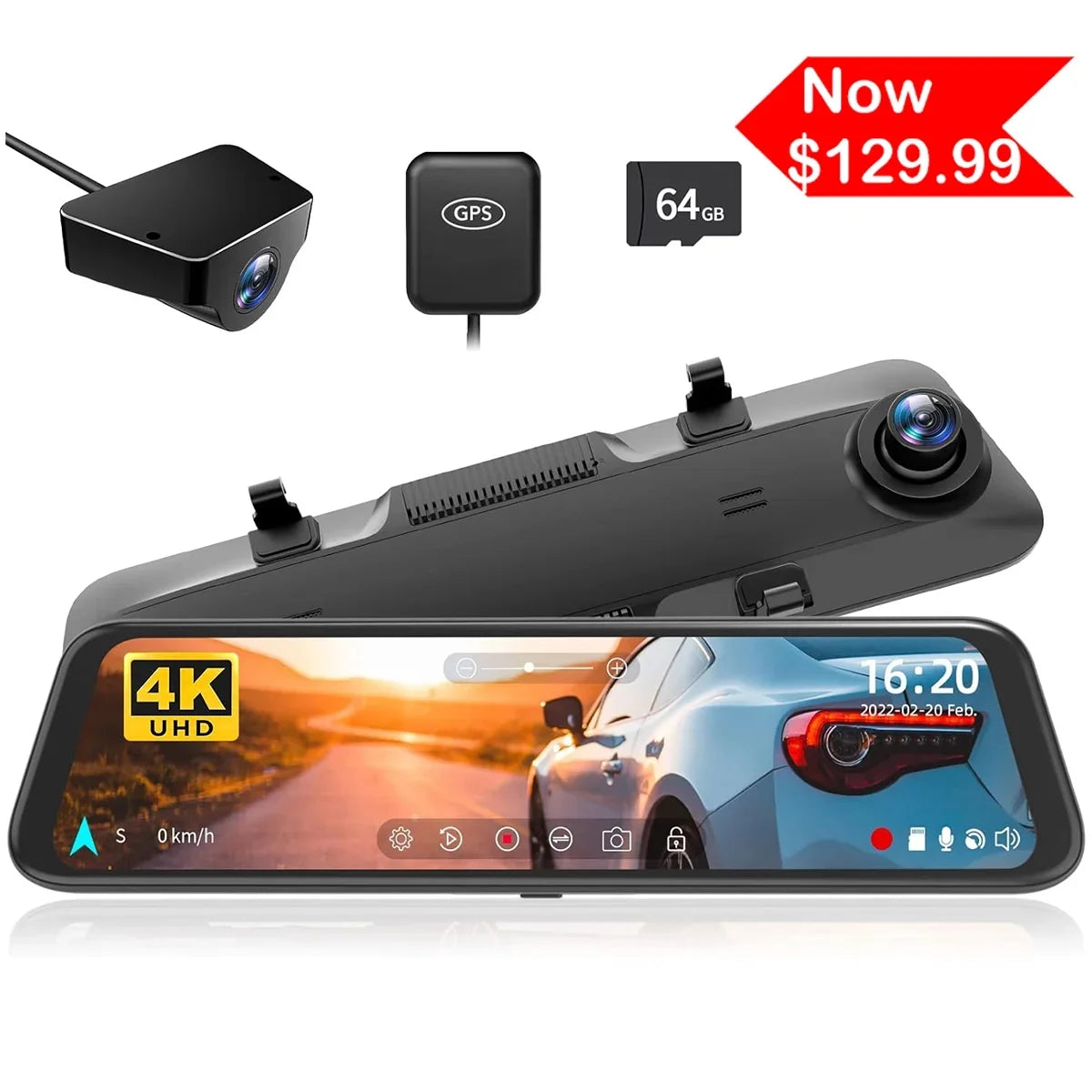 12'' Rear Front Car Rear Card Cam, and Cameras Mirror Dash Port WOLFBOX 64GB & Vehicle, 1080P 4K Vision, Night C USB Super Dash GPS, with View Free