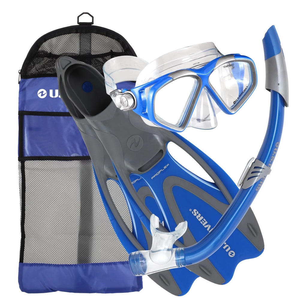 U.S. Seabreeze Fins, Set II Mask, Divers Bag Cozumel Snorkel, Gear ProFlex Adult