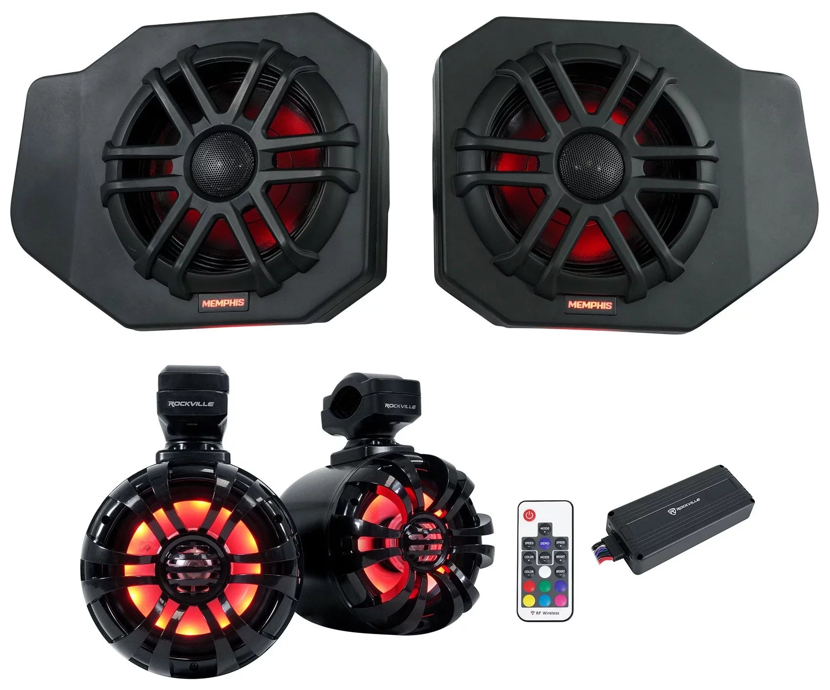 Audio RNGR65FE Pair For Ranger Polaris 2018+ Speakers+Amp Tower Memphis Pods+LED