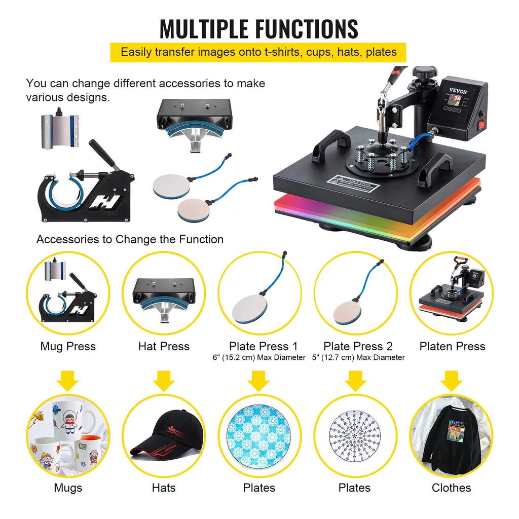 Machine 6 Heat 1 Shirts Hat Transfer Printing for Away T Rotation Display 360 Heat Dual in LED Mug Multifunctional Sublimation Cap Press Digital Combo Degree VEVORbrand 15"x15" Swing Machine Plate