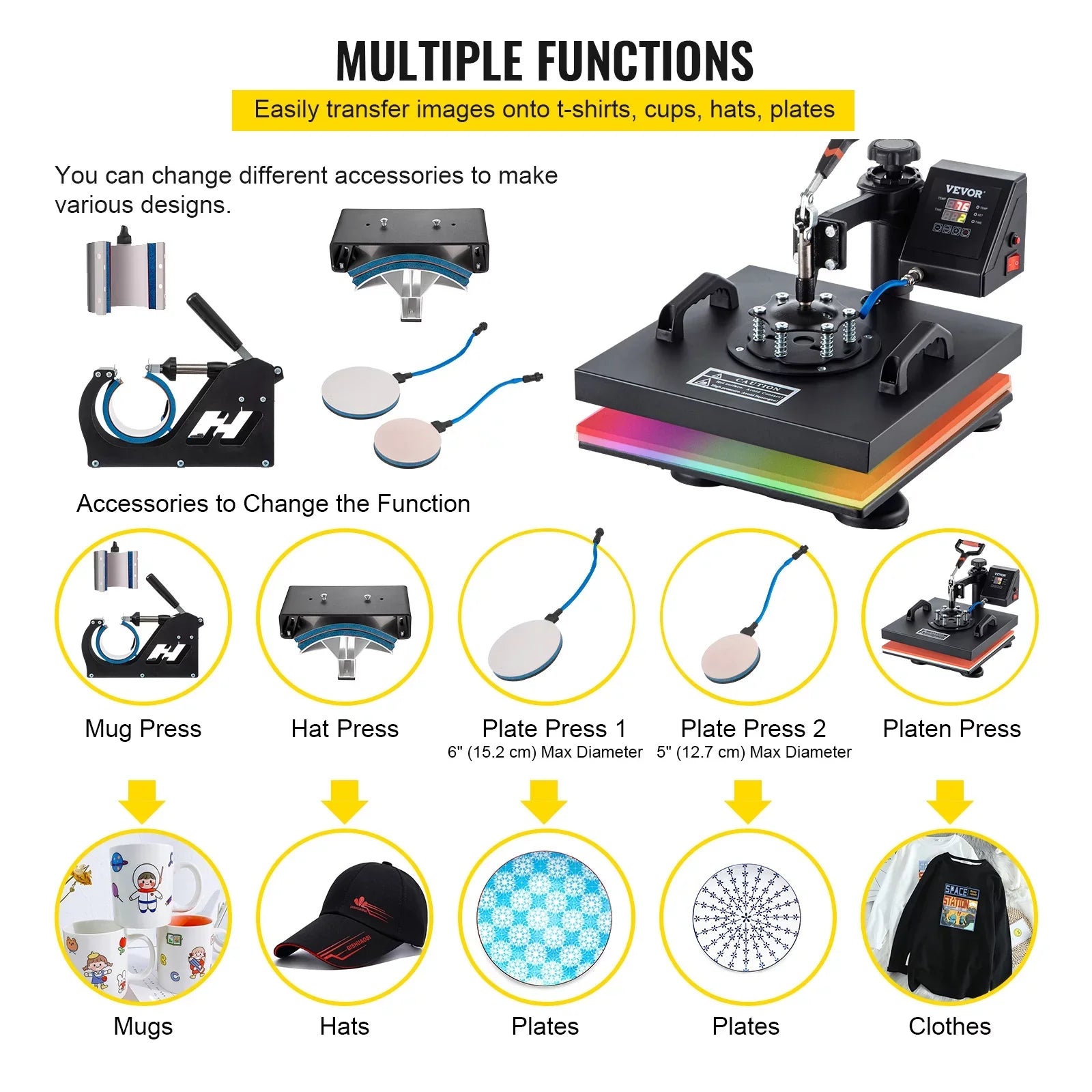 Machine 6 Heat 1 Shirts Hat Transfer Printing for Away T Rotation Display 360 Heat Dual in LED Mug Multifunctional Sublimation Cap Press Digital Combo Degree VEVORbrand 15"x15" Swing Machine Plate