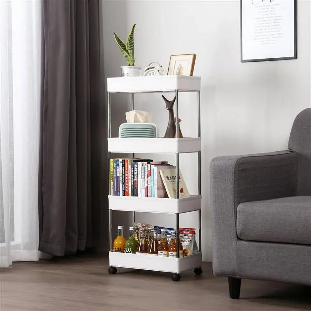 Storage 4-Tier Cart White Rolling Bathroom, Utility and Cart Wheels, Room, Plastic SYTHERS with hooks, Steel, 4 with Stainless for Laundry Kitchen,