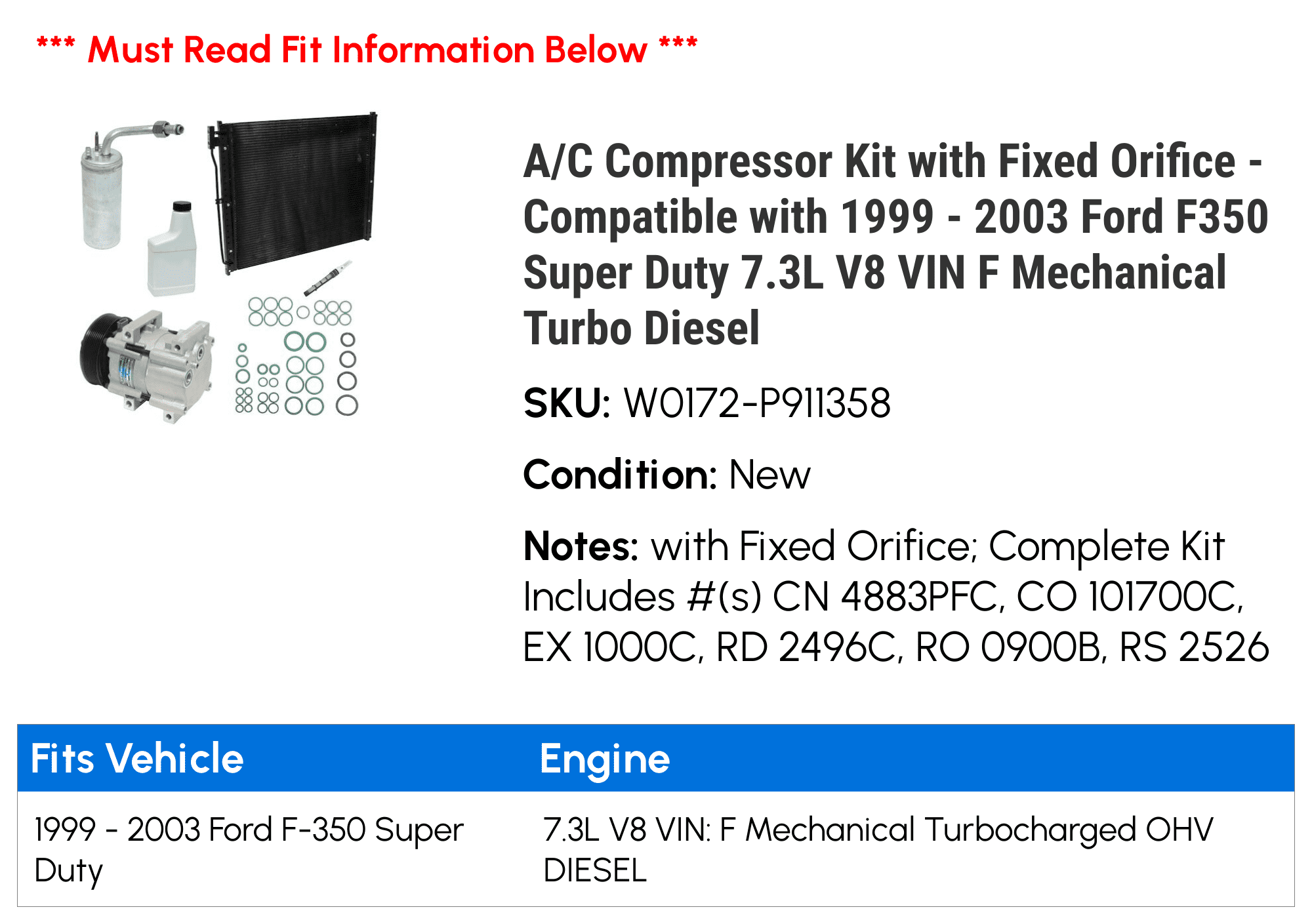 2002 - Orifice Turbo 1999 Duty Kit Compressor with Mechanical 7.3L Fixed VIN 2001 Super A/C Compatible 2000 Ford Diesel F350 2003 with - F V8