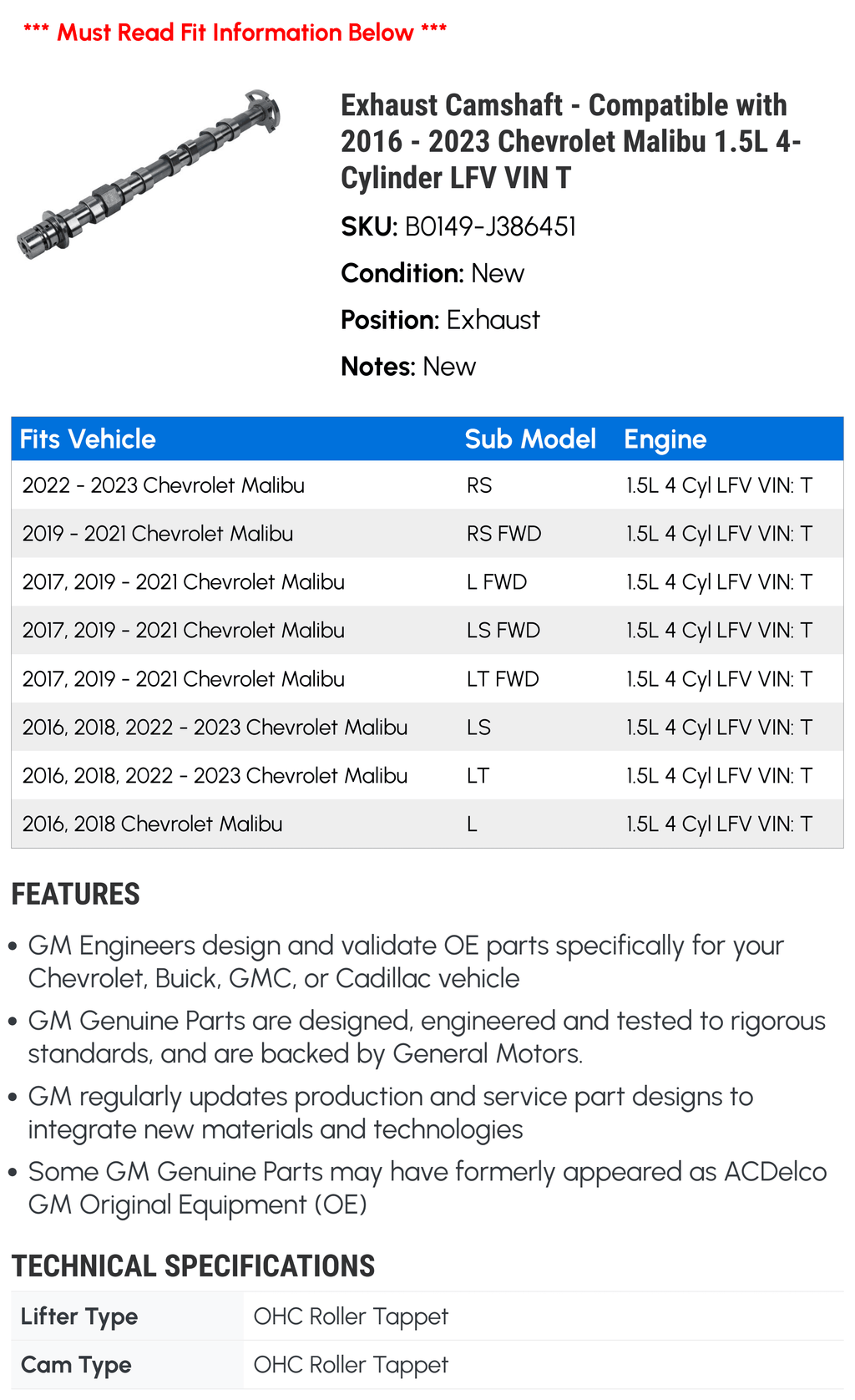 2022 2017 2018 2021 1.5L Chevy 2020 Camshaft with Exhaust VIN Compatible - LFV 2023 2019 4-Cylinder 2016 - Malibu T