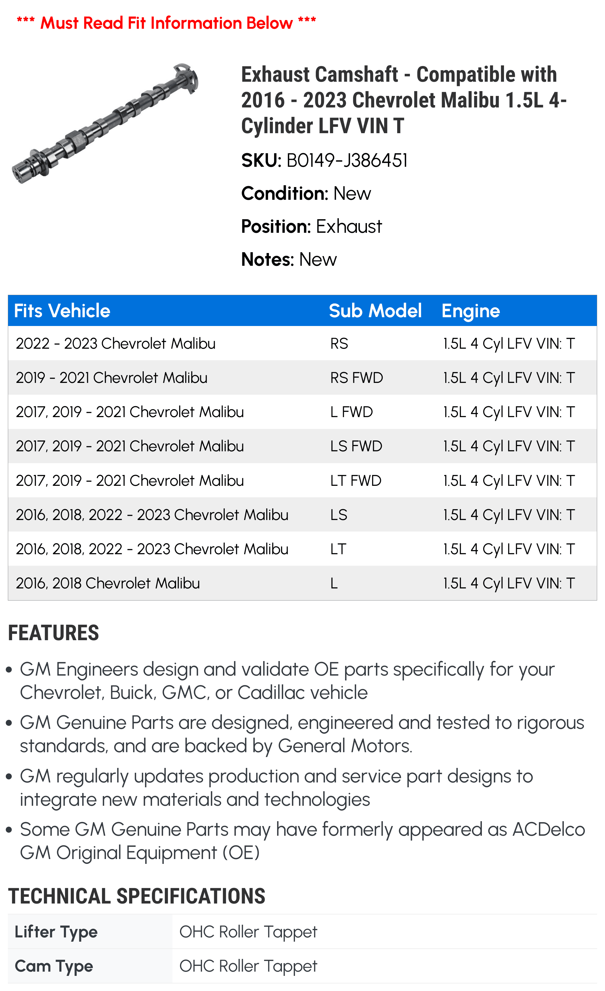 2022 2017 2018 2021 1.5L Chevy 2020 Camshaft with Exhaust VIN Compatible - LFV 2023 2019 4-Cylinder 2016 - Malibu T