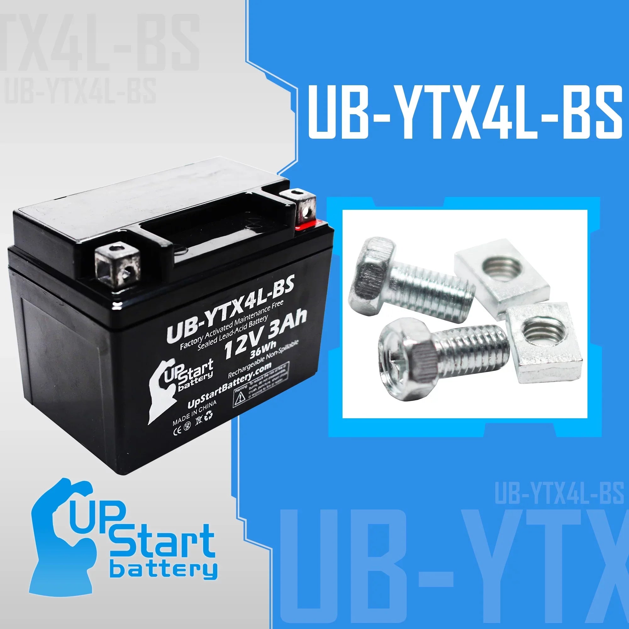 Bombardier Battery UB-YTX4L-BS 4-Pack - Maintenance Replacement Factory UpStart Free, for DS90, ATV DS90F, Quest 12V, (Can-Am) 2004 Activated, 90CC Battery 3Ah,