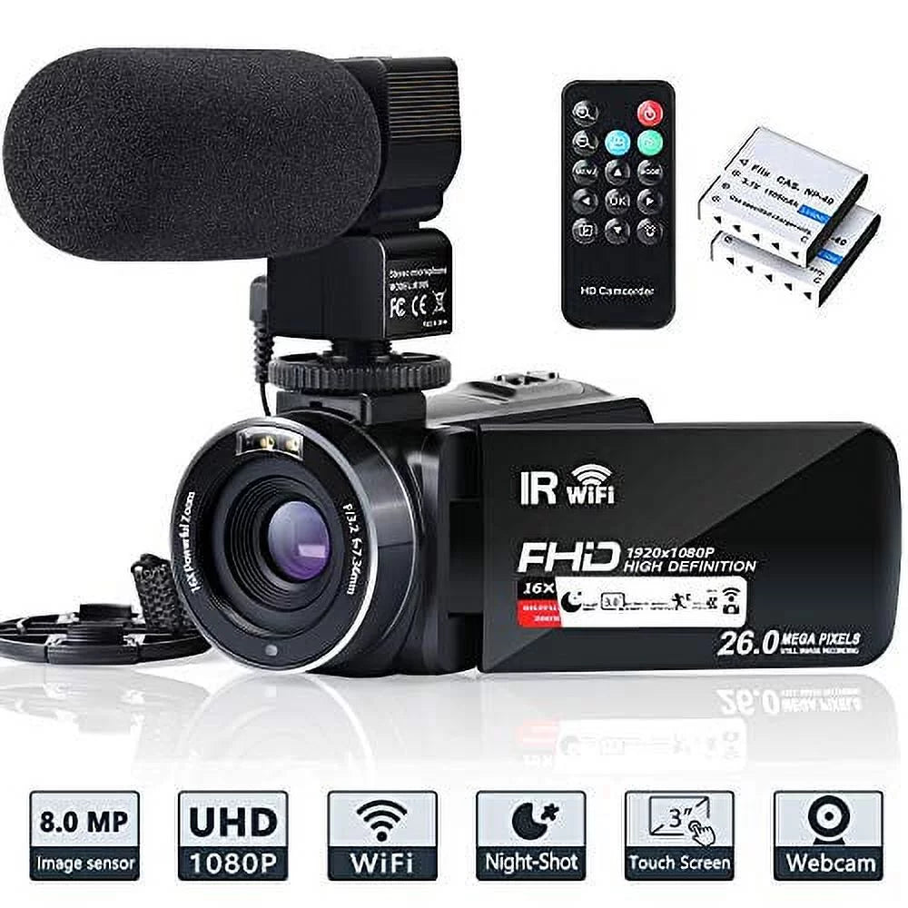 Camcorder Camcorder Microphone,Remote Camera Batteries Camera Vlogging Touch Night Video Recorder 26MP Digital 16X IR and with Zoom Vision 2 3.0'' FHD 30FPS Screen YouTube 1080P WiFi