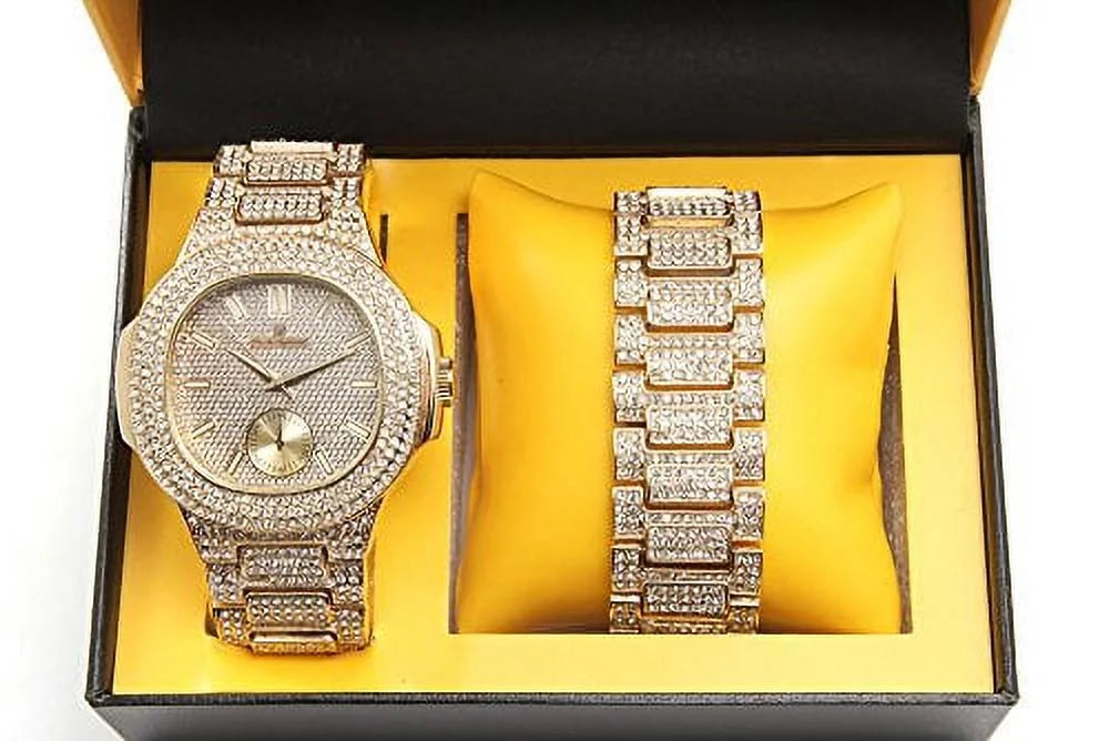 Out w/Matching - Out 8475B Mens Case Bling-ed Oblong Watch Metal Set Bracelet (Gold/Gold) Bling-ed