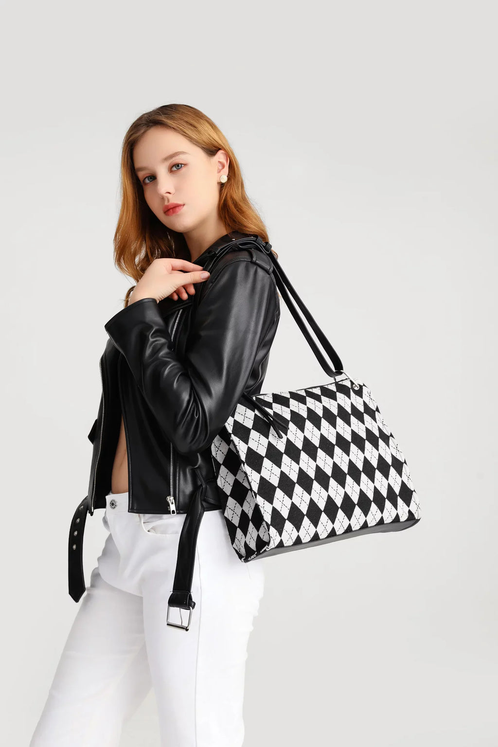 clutch and handbag handbag Black checkerboard pattern Bag Ladies off-white Shoulder