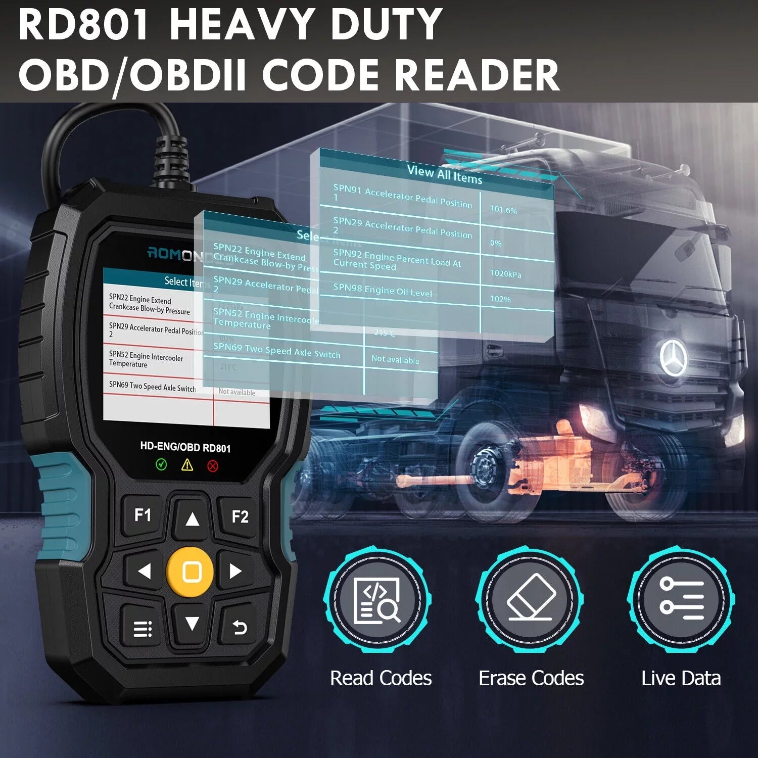 Duty Diesel Diagnostic Reader Scanner DPF Tools OBD2 Romondes Reset RD801 Oil Truck Scanner Truck Code Heavy