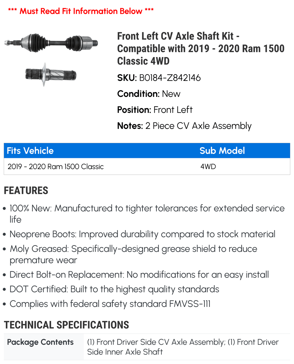 4WD Front Classic 1500 CV Axle Left with Shaft - Ram 2020 - Kit Compatible 2019