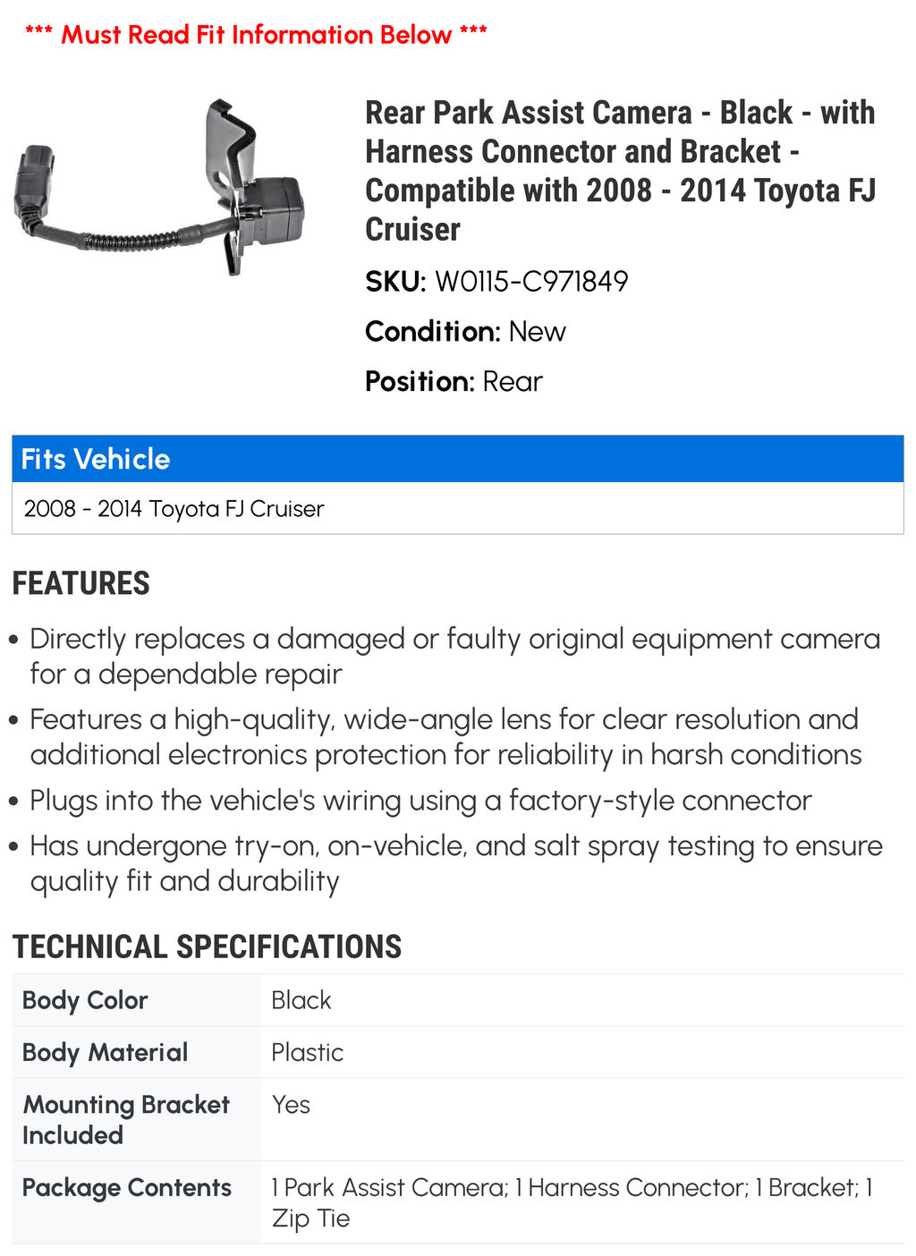 Compatible Harness Bracket - Park Black 2010 Camera 2013 and Rear Assist FJ Cruiser with Toyota 2011 with Connector 2014 - 2009 - - 2008 2012