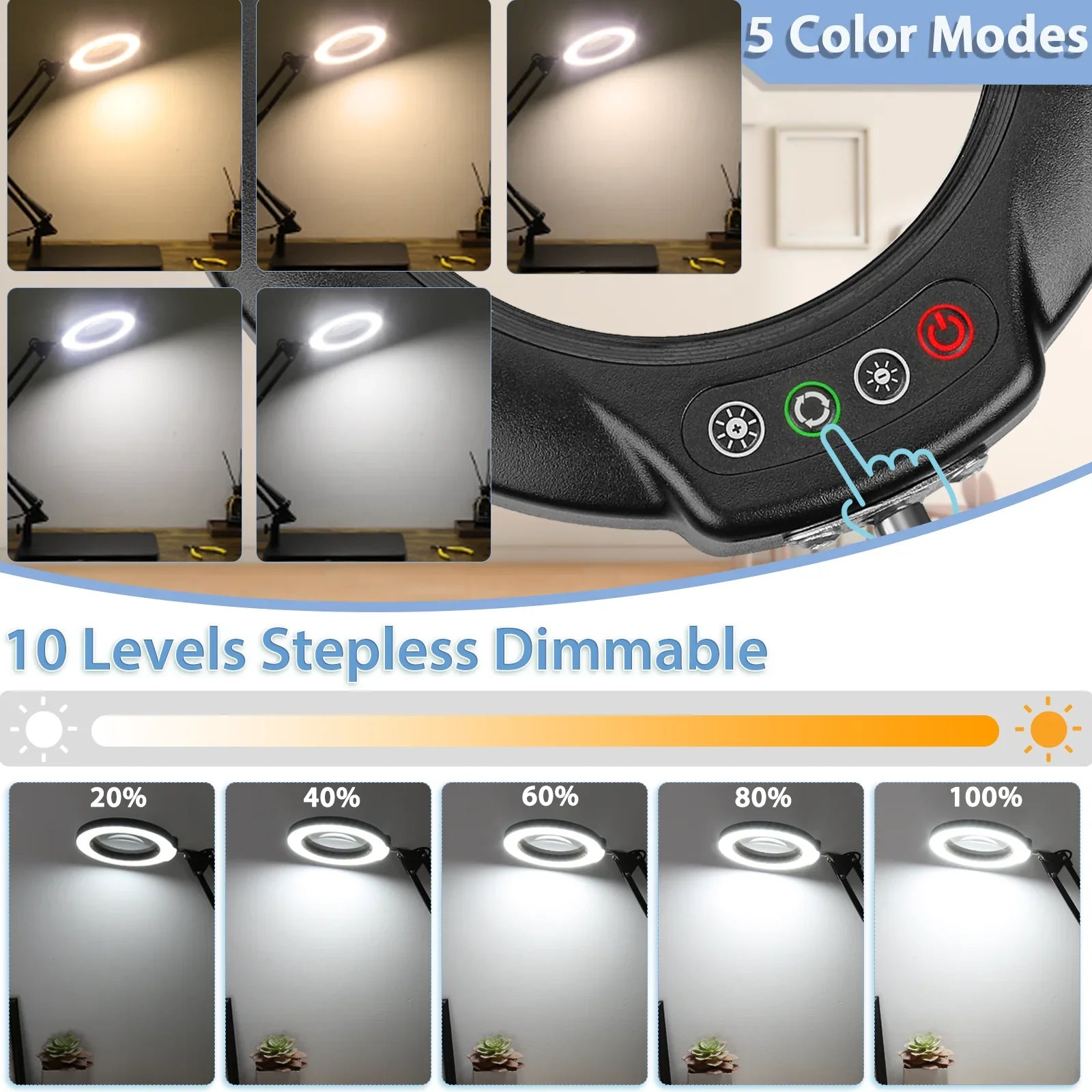 Stepless Color Lighted Light 2-in-1 LED Sewing Painting, and 10X Lamp Stand, 5 Clamp, Work, with Magnifying Hands Magnifying Close Desk with Modes Dimmable, for Free Magnifier Glass Craft,