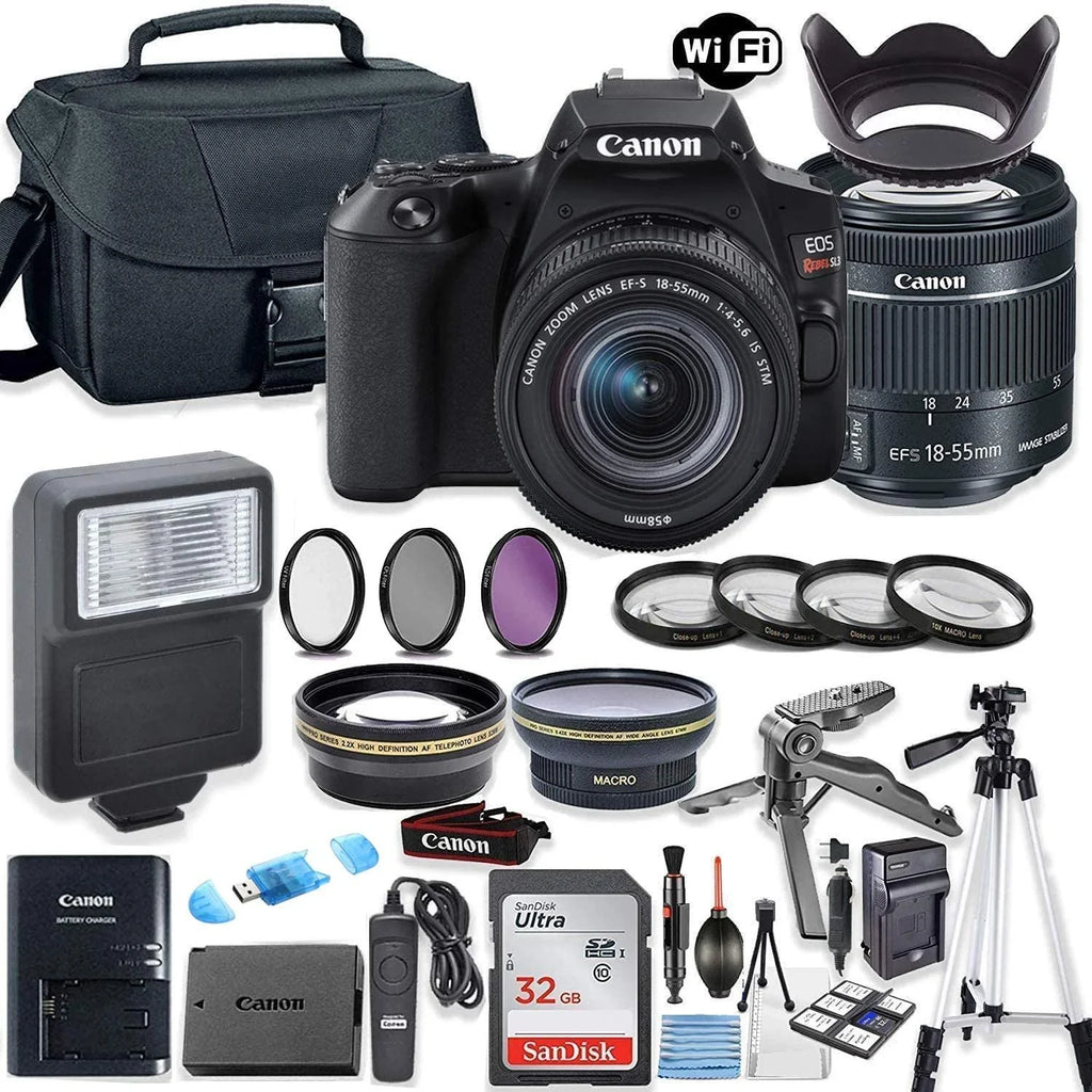 SL3 Rebel EF-S STM Canon with EOS Lens, Bundle Flash, DSLR 32GB and Case, 18-55mm Memory, Accessory