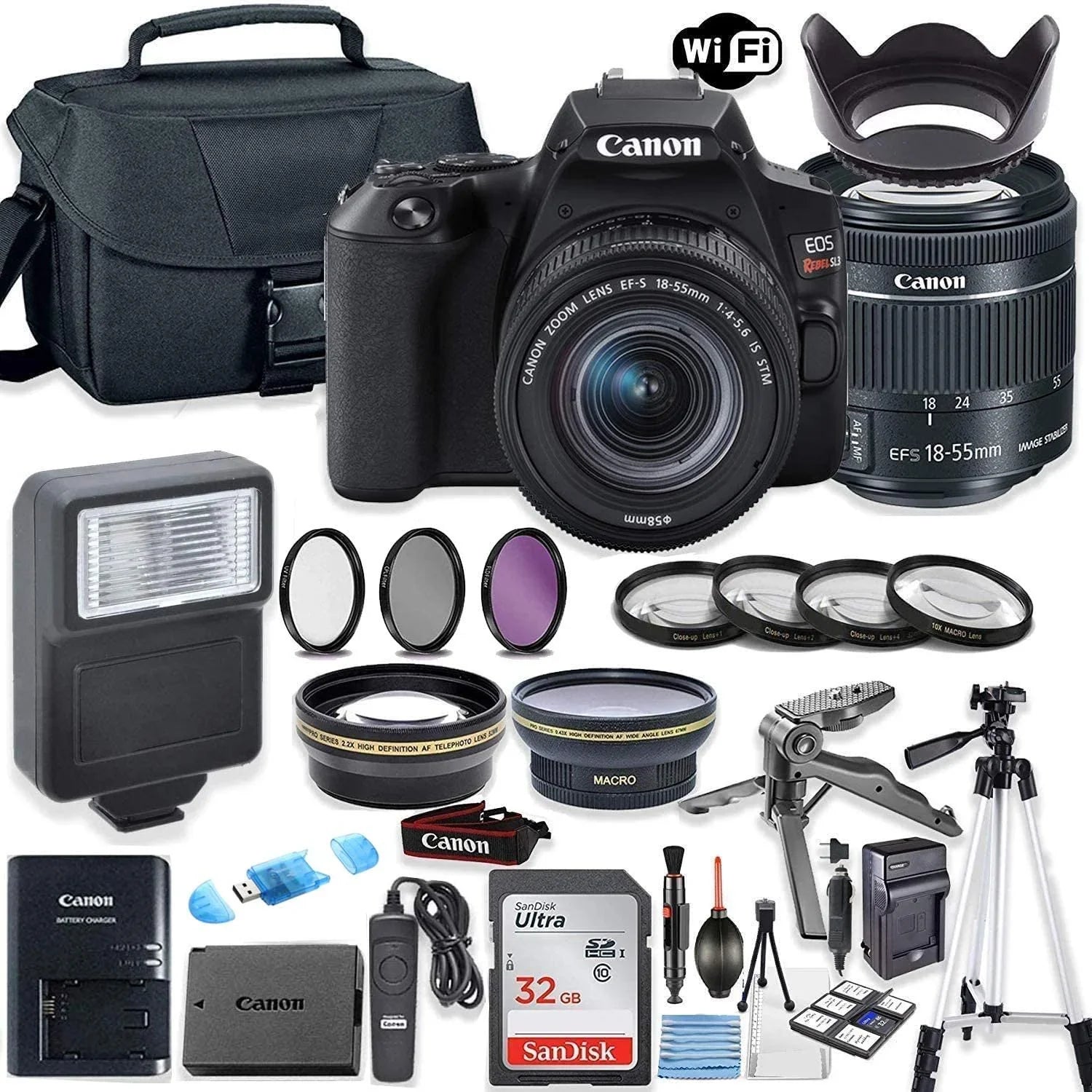 SL3 Rebel EF-S STM Canon with EOS Lens, Bundle Flash, DSLR 32GB and Case, 18-55mm Memory, Accessory