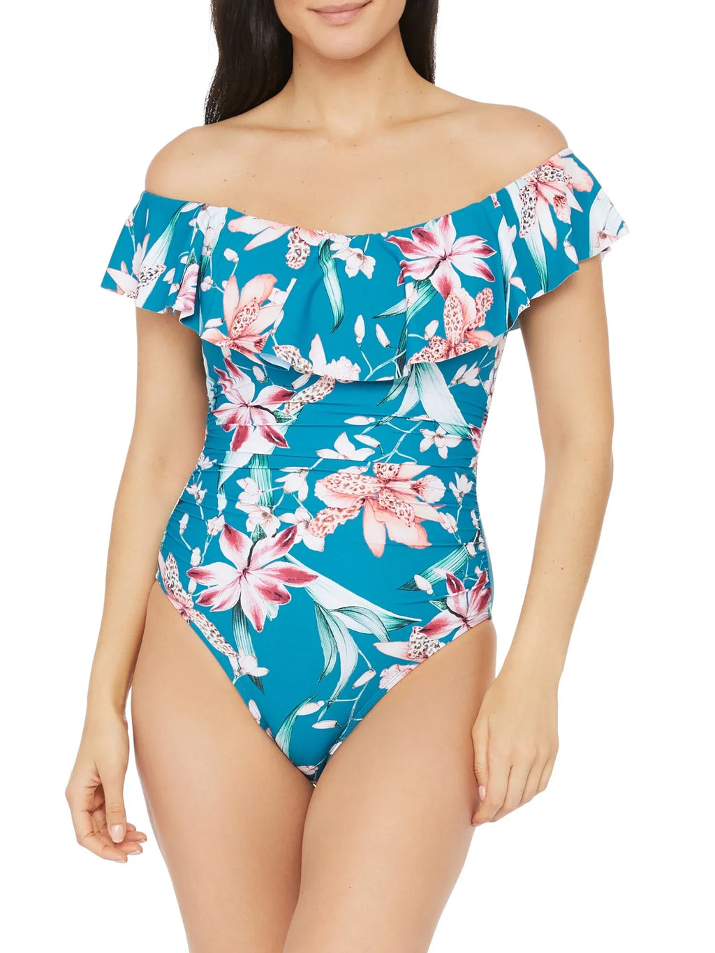 BLANCA 4 Back LA One Blue Swimsuit Shoulder Molded The Floral Stretch Piece Off Garden Women's Cup Lace-up Lined Ruched Ruffled