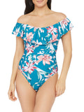 BLANCA 4 Back LA One Blue Swimsuit Shoulder Molded The Floral Stretch Piece Off Garden Women's Cup Lace-up Lined Ruched Ruffled
