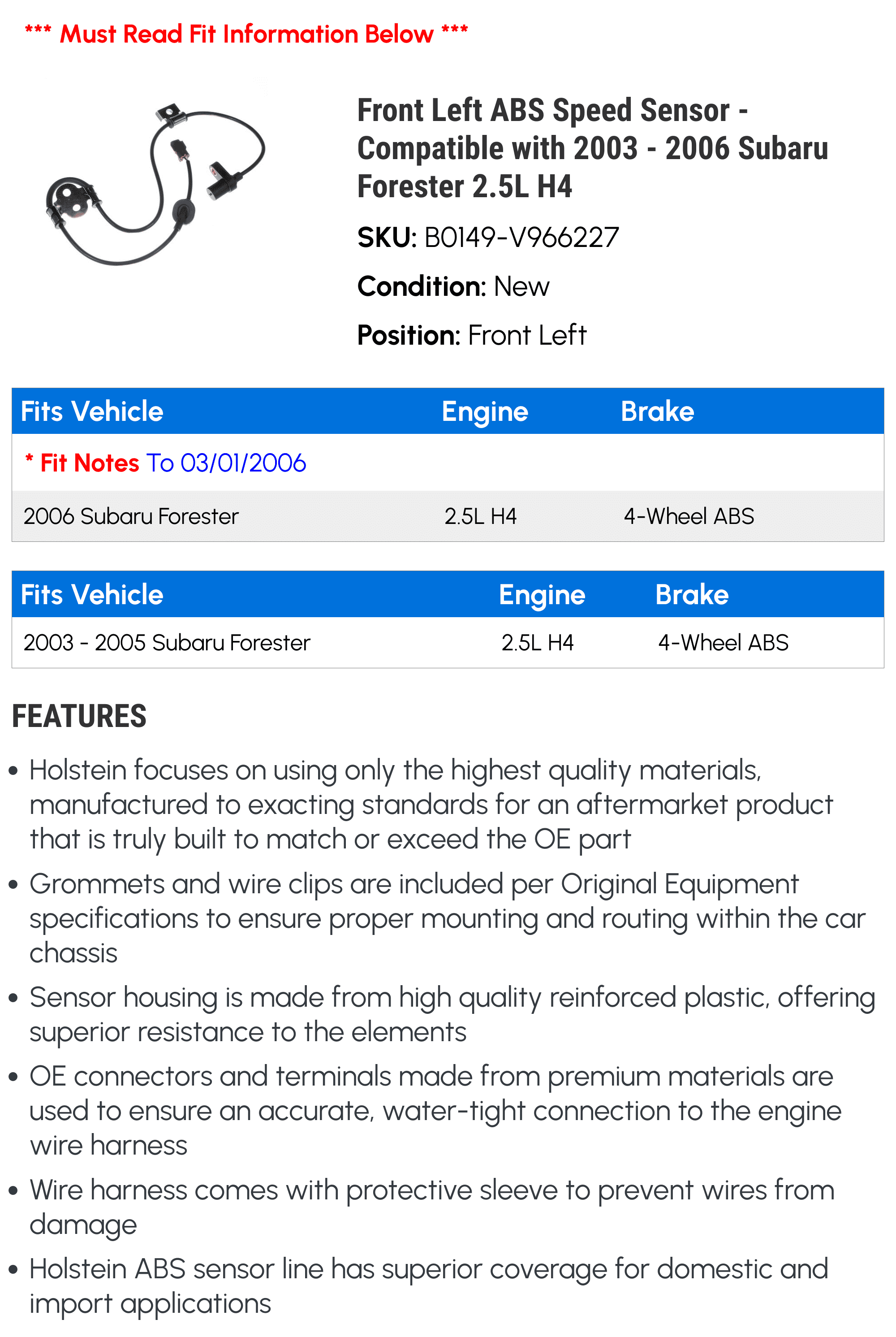 '- 2004 2006 - Forester with 2005 Compatible ABS Speed Sensor 2.5L Left H4 Front 2003 Subaru