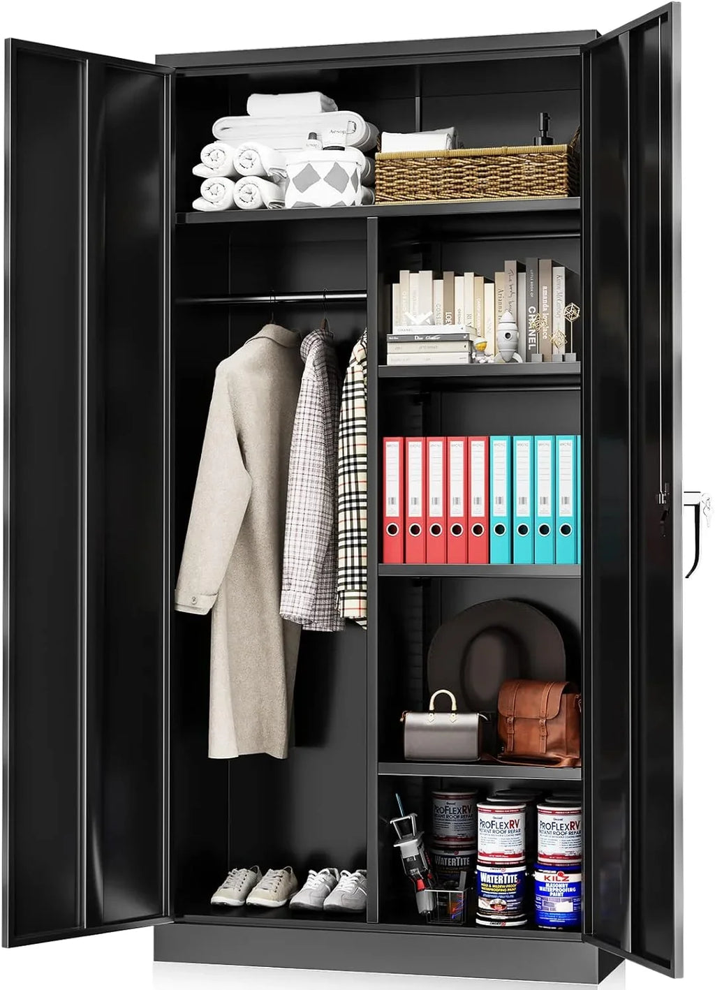 with Locking (Black) Freestanding Garage Lock Wardrobe HOOMHIBIU Coat Door 72'' Office with Shelves Metal Cabinets Employee Clothing and Cabinet for Steel Locker Home