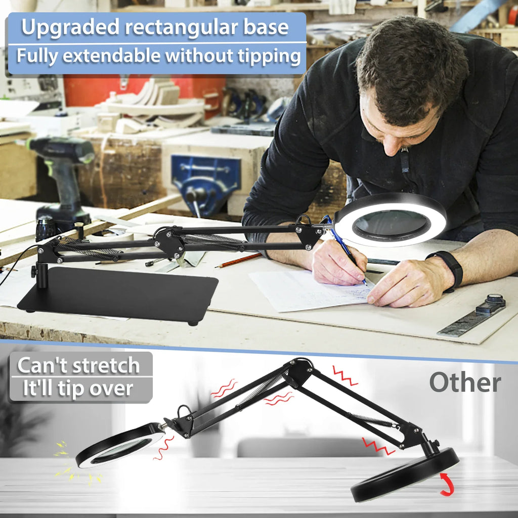 Stepless Color Lighted Light 2-in-1 LED Sewing Painting, and 10X Lamp Stand, 5 Clamp, Work, with Magnifying Hands Magnifying Close Desk with Modes Dimmable, for Free Magnifier Glass Craft,