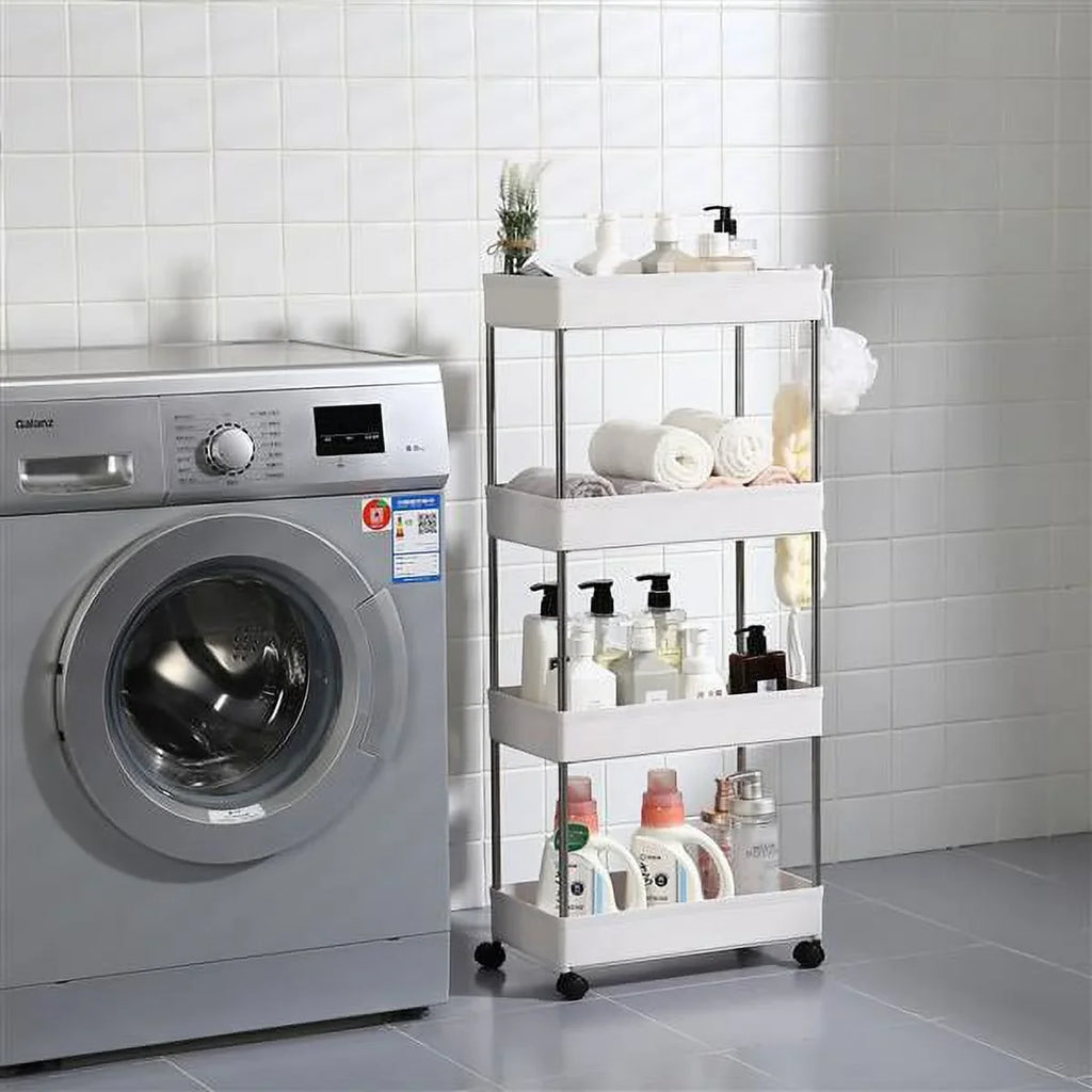Storage 4-Tier Cart White Rolling Bathroom, Utility and Cart Wheels, Room, Plastic SYTHERS with hooks, Steel, 4 with Stainless for Laundry Kitchen,