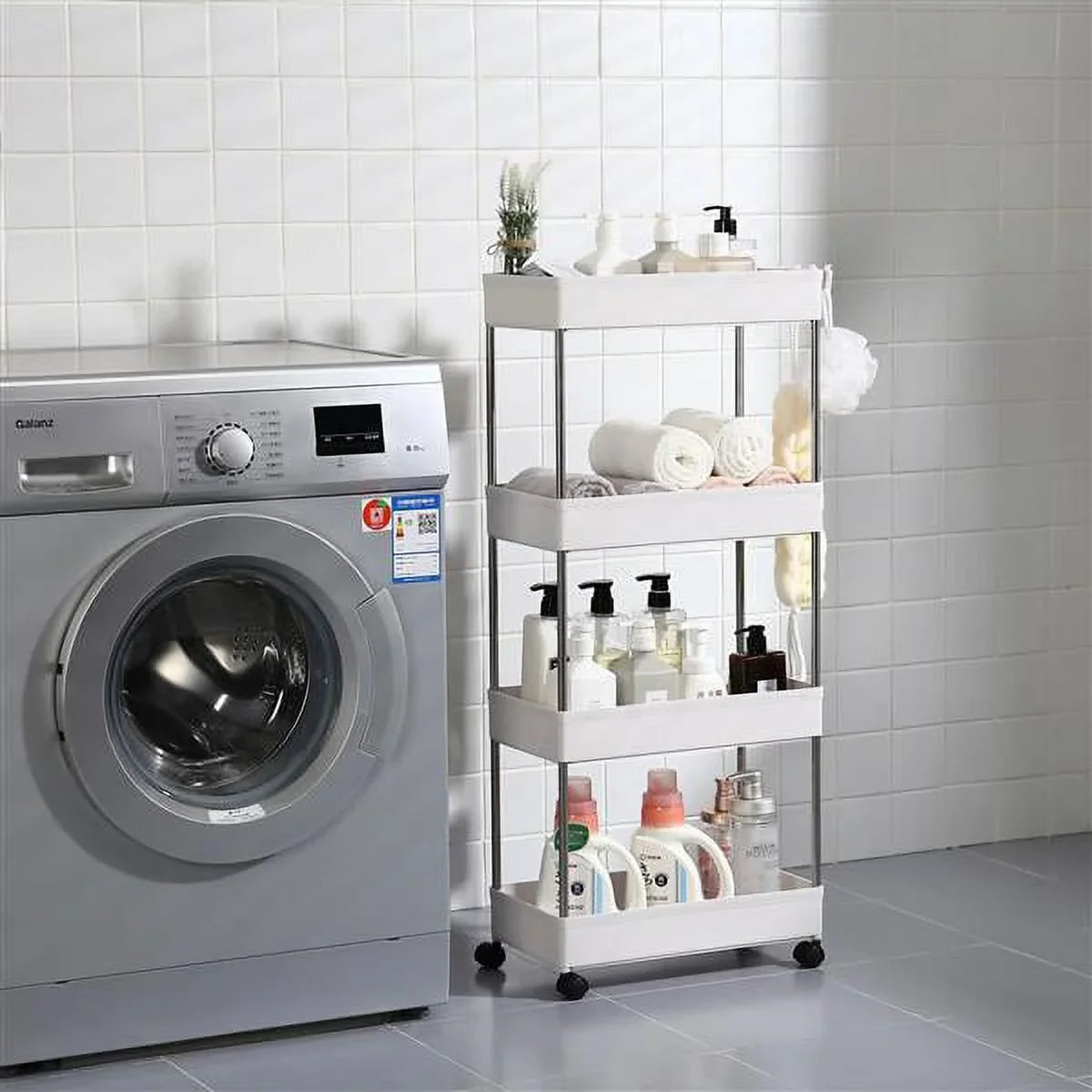 Storage 4-Tier Cart White Rolling Bathroom, Utility and Cart Wheels, Room, Plastic SYTHERS with hooks, Steel, 4 with Stainless for Laundry Kitchen,