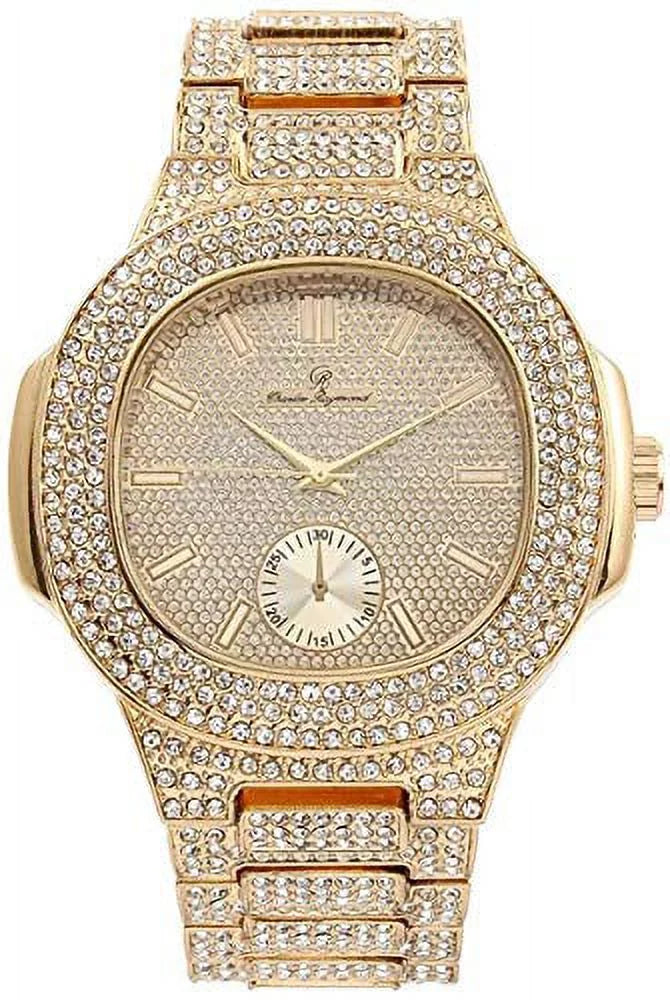 Out w/Matching - Out 8475B Mens Case Bling-ed Oblong Watch Metal Set Bracelet (Gold/Gold) Bling-ed