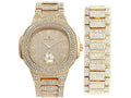Out w/Matching - Out 8475B Mens Case Bling-ed Oblong Watch Metal Set Bracelet (Gold/Gold) Bling-ed