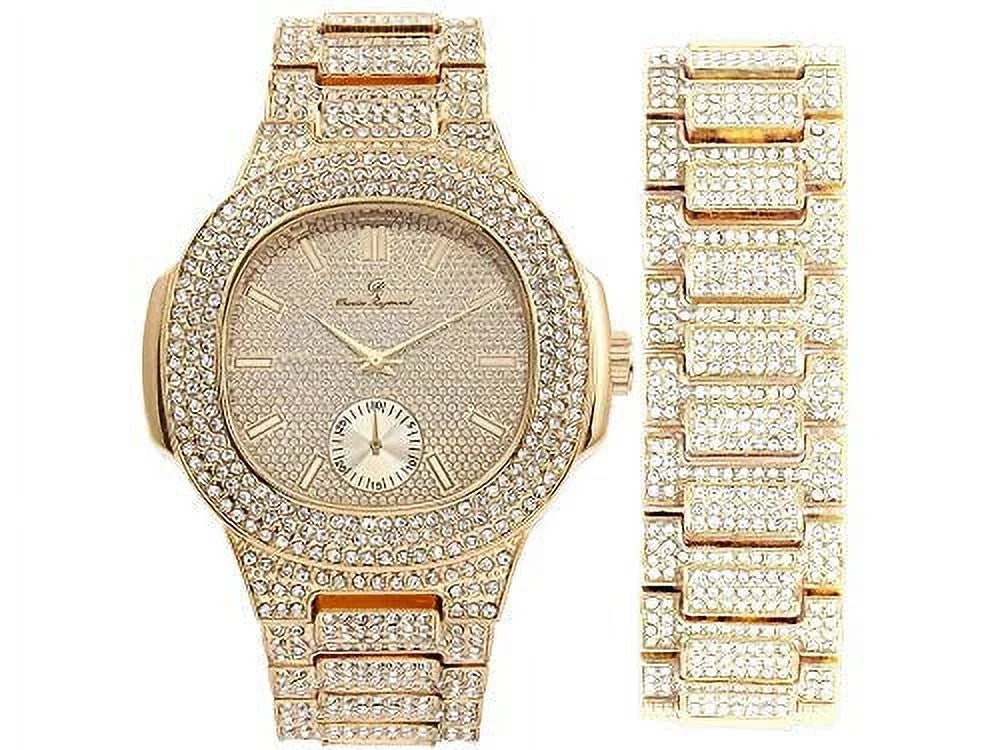 Out w/Matching - Out 8475B Mens Case Bling-ed Oblong Watch Metal Set Bracelet (Gold/Gold) Bling-ed