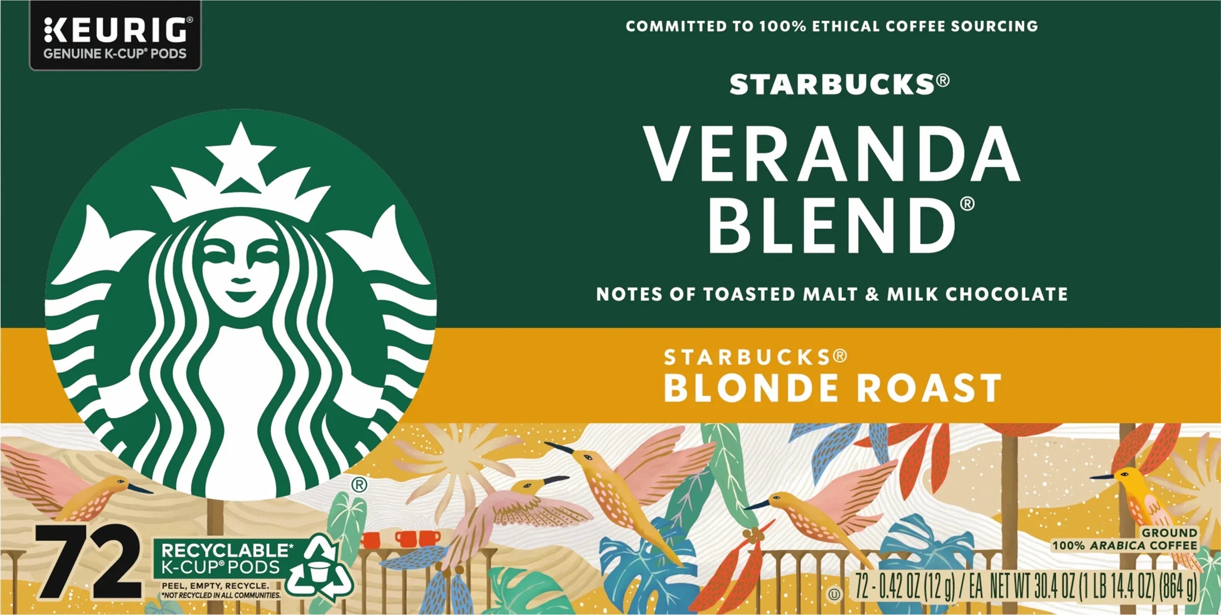 72 Starbucks K-Cup for Brewers, Pods Blend pods Roast Veranda Keurig Light