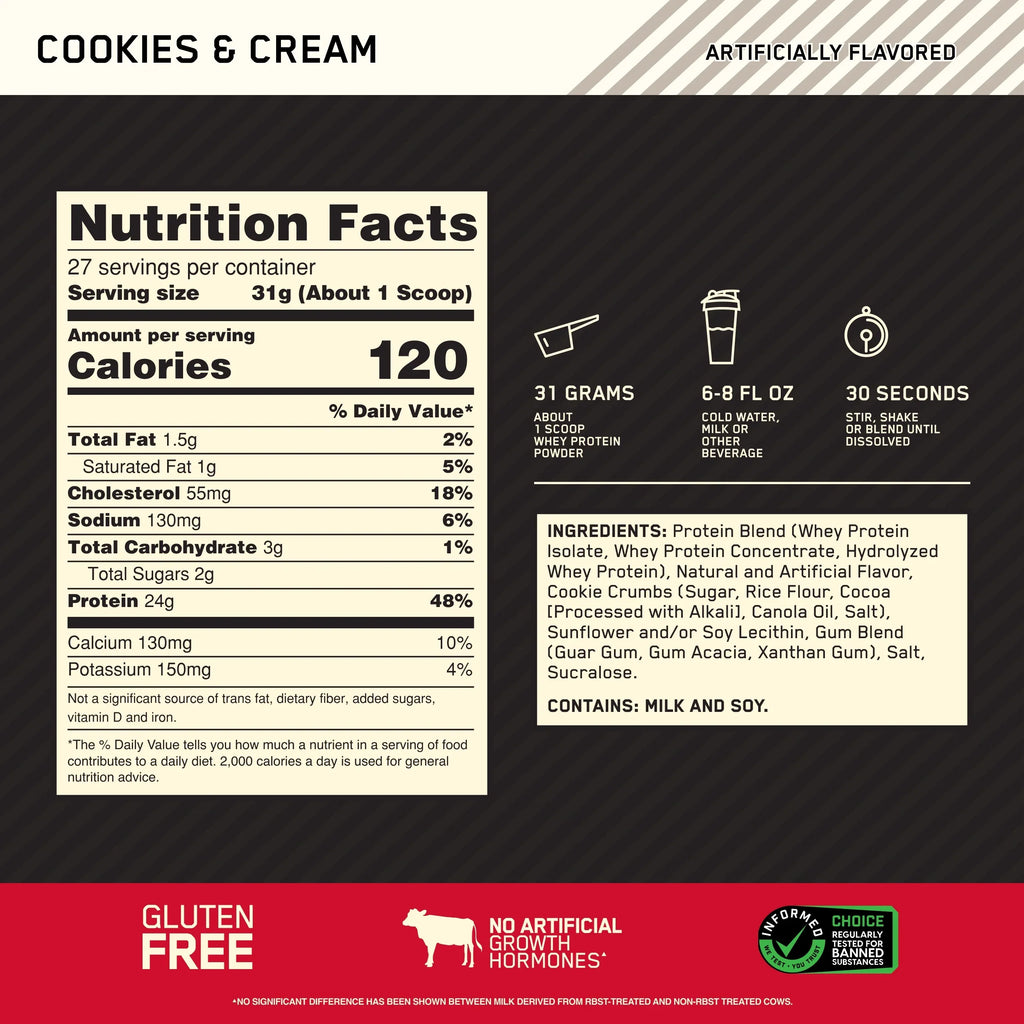 Protein & 27 Protein, g Standard 24 Whey Nutrition, 100% Gold lb, Cookies Powder, Optimum Servings Cream, 1.85