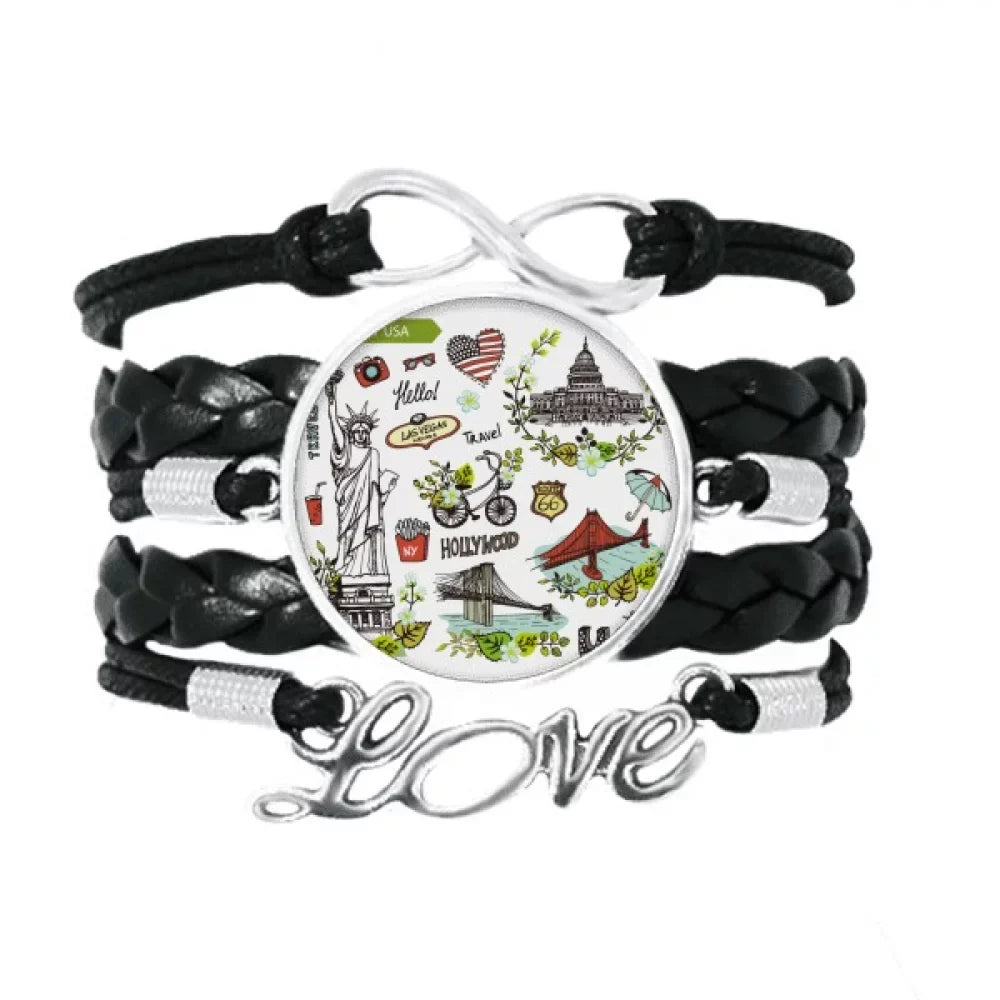 Knitting Accessory Wristband Spring Leather Rope Love House USA White Twisted Bracelet Graffiti Liberty