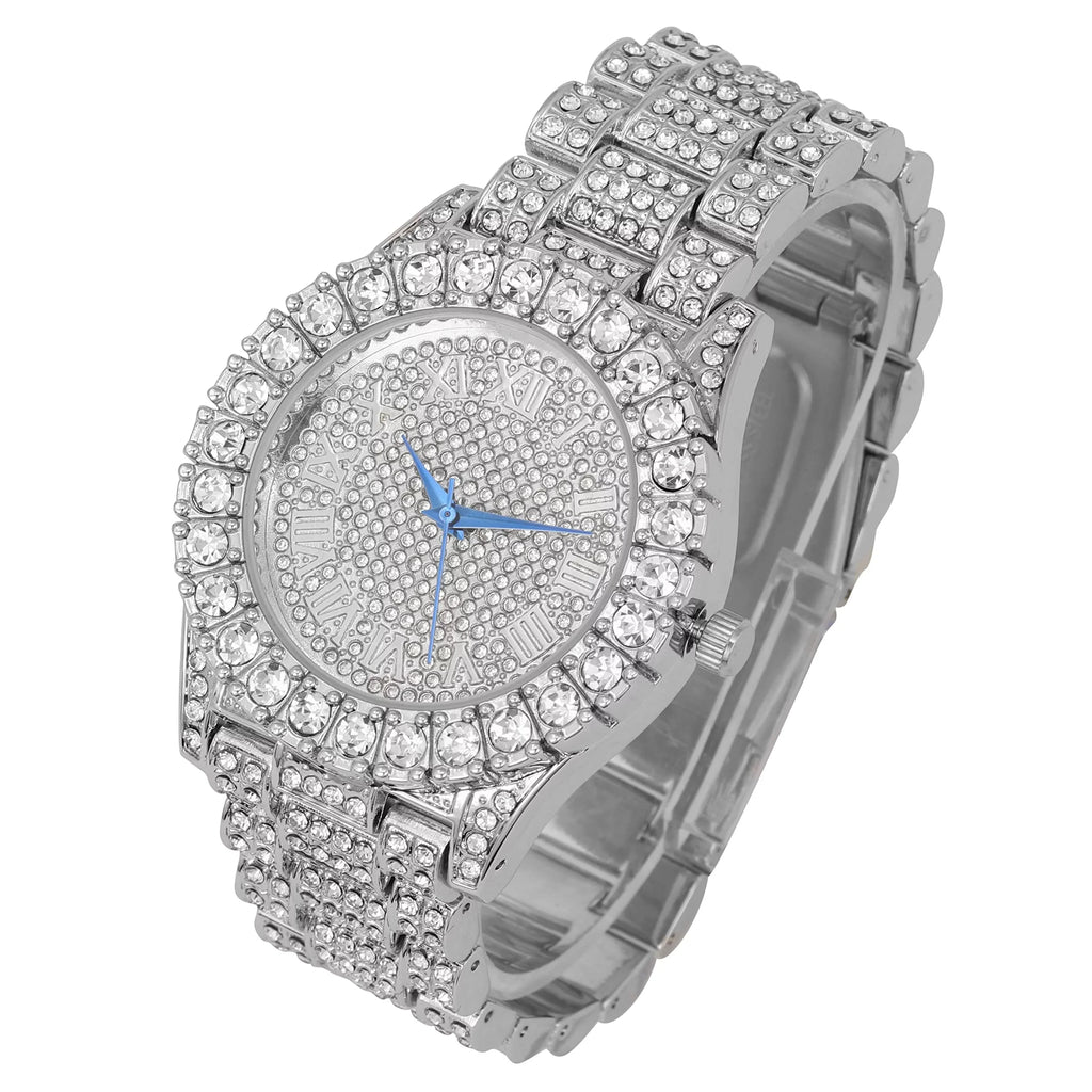 Charles - Ring - Raymond Iced Chain (10,Silver) Bezel Bracelet Dial Fully with Numerals ST10327SET3PC w/Cuban & Roman Big Out Watch Rocks Mens