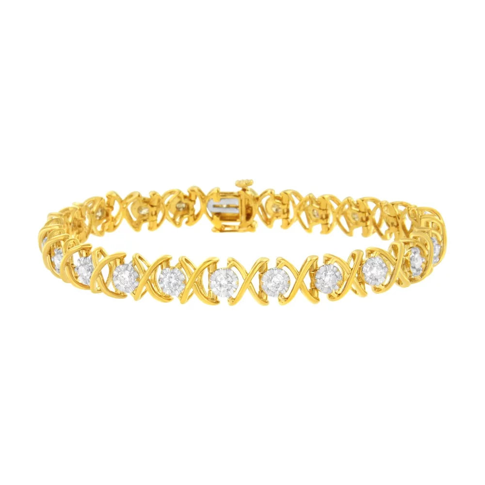 Gold (J-K, Plated Bracelet Yellow TDW 10K "XOXO" Sterling Silver 2ct Diamond I1-I2)