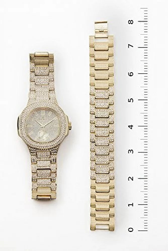 Out w/Matching - Out 8475B Mens Case Bling-ed Oblong Watch Metal Set Bracelet (Gold/Gold) Bling-ed