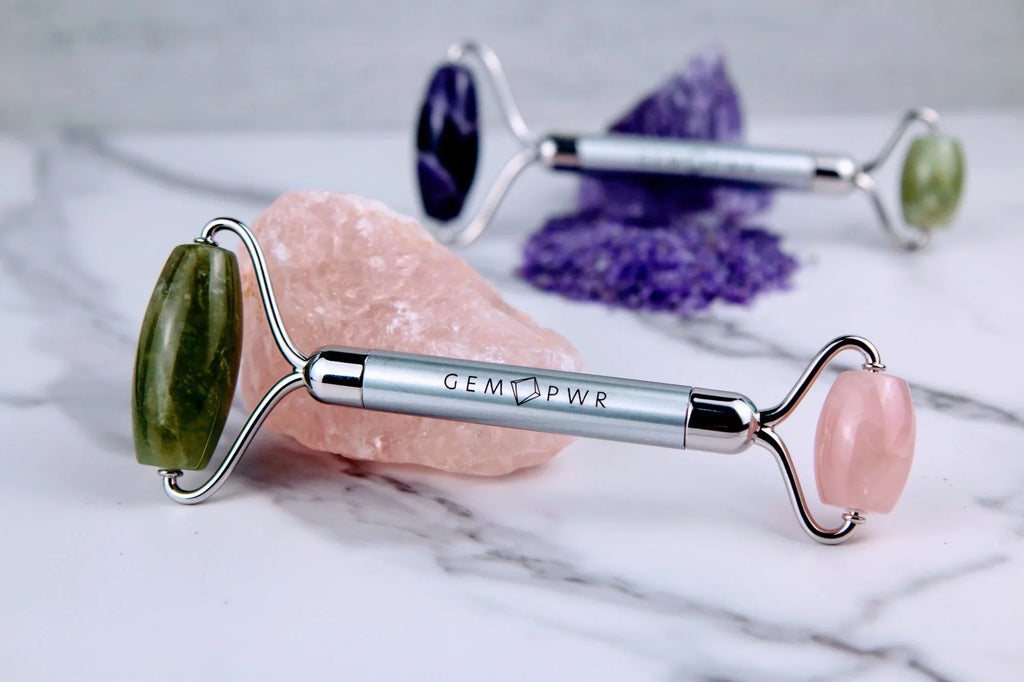 Travel GEM Bag Roller, Jade Dual with PWR 2-in-1 Face Quartz Handle Rose + Steel and Durable Head