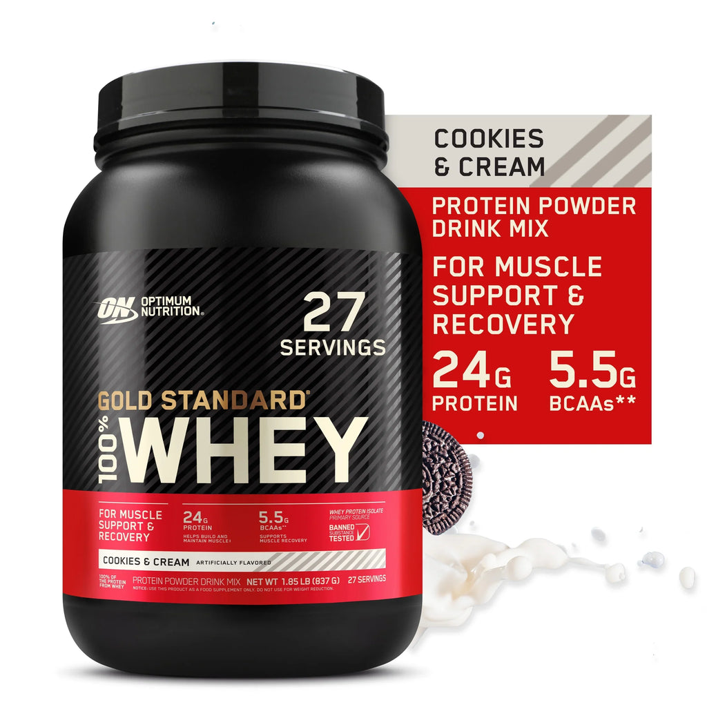 Protein & 27 Protein, g Standard 24 Whey Nutrition, 100% Gold lb, Cookies Powder, Optimum Servings Cream, 1.85