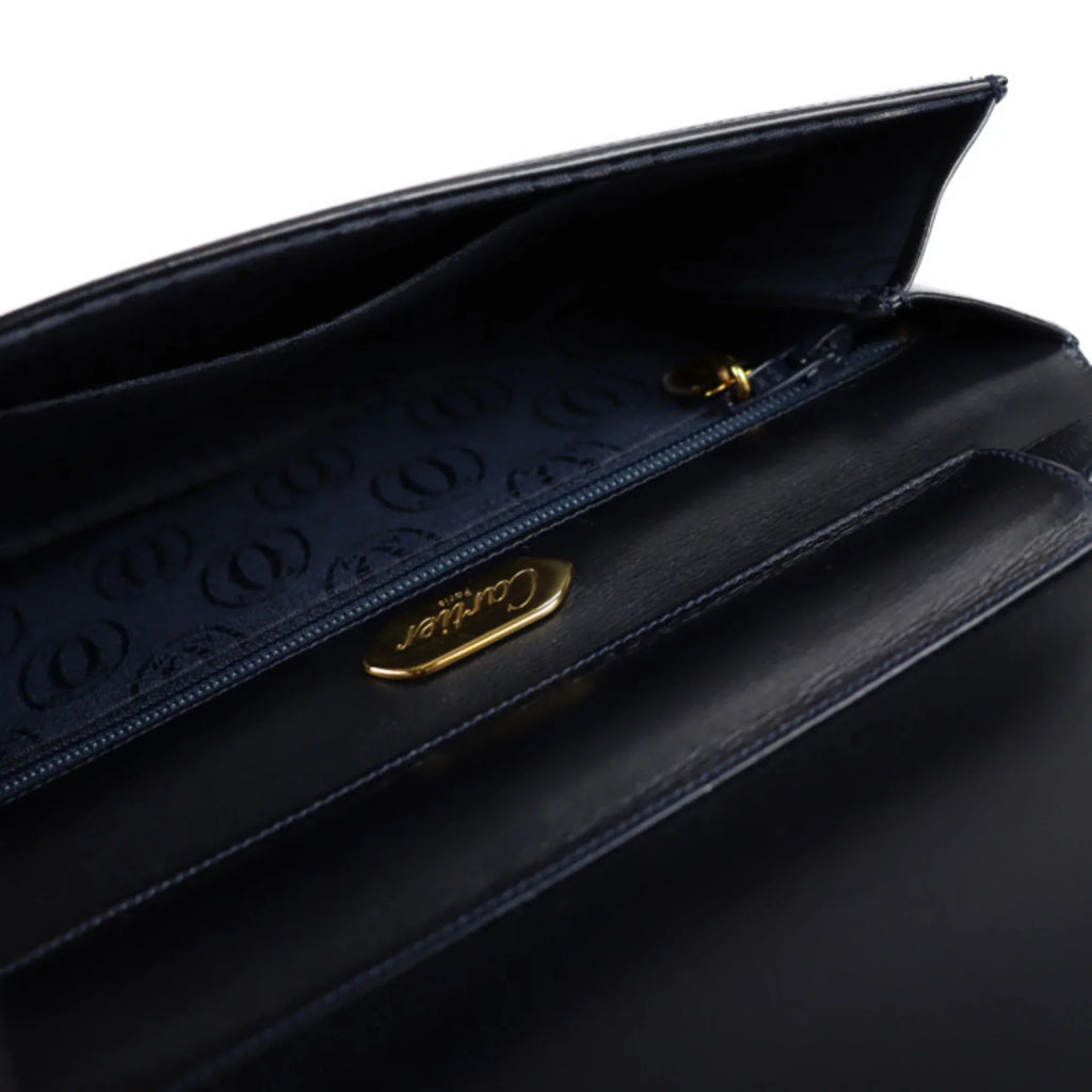 CARTIER 2WAY sapphire Cartier calf Pre-Owned bag shoulder dark clutch (Good) line leather navy