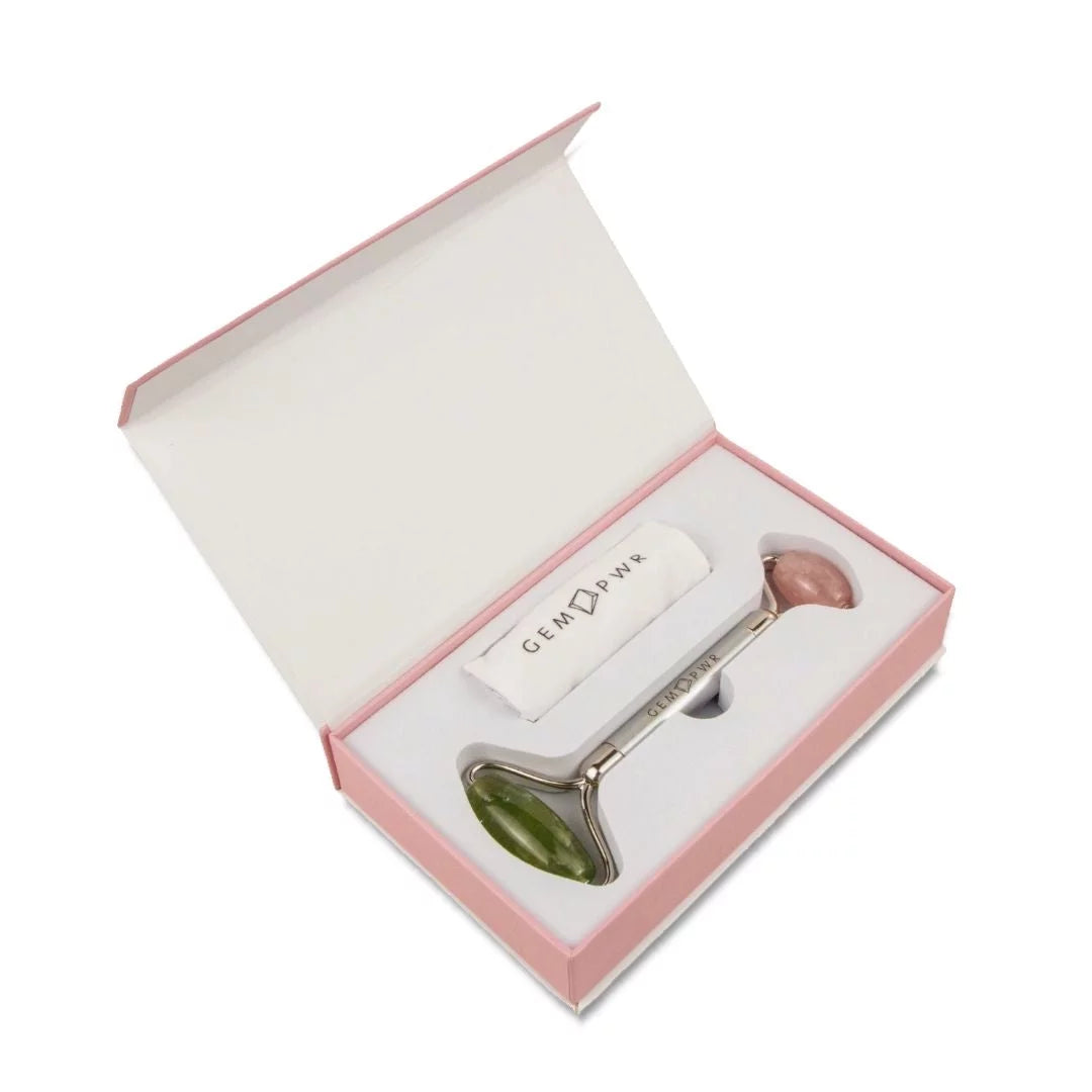 Travel GEM Bag Roller, Jade Dual with PWR 2-in-1 Face Quartz Handle Rose + Steel and Durable Head